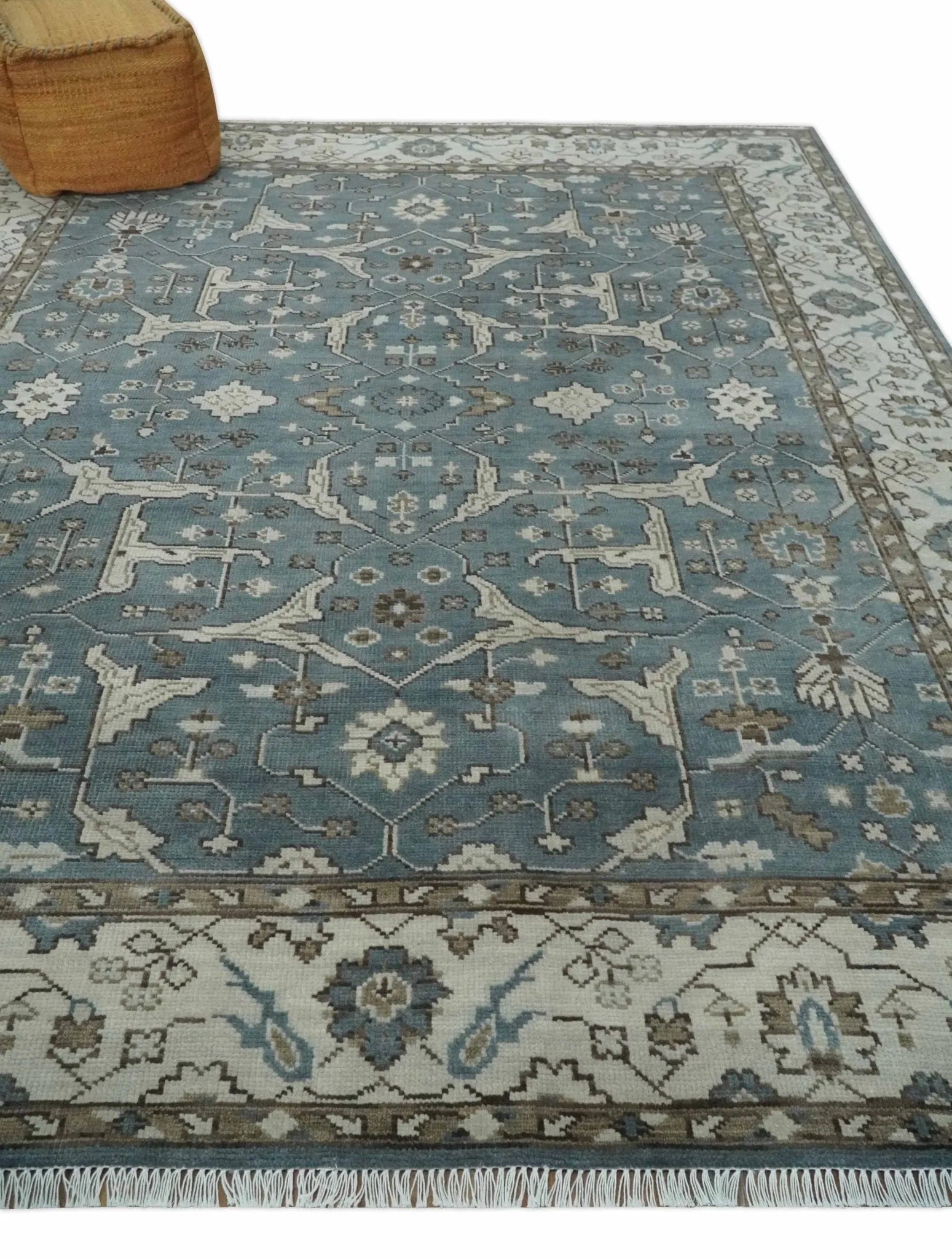 Custom Made Traditional Hand Knotted Blue, Ivory and Brown Oriental Oushak wool Area Rug