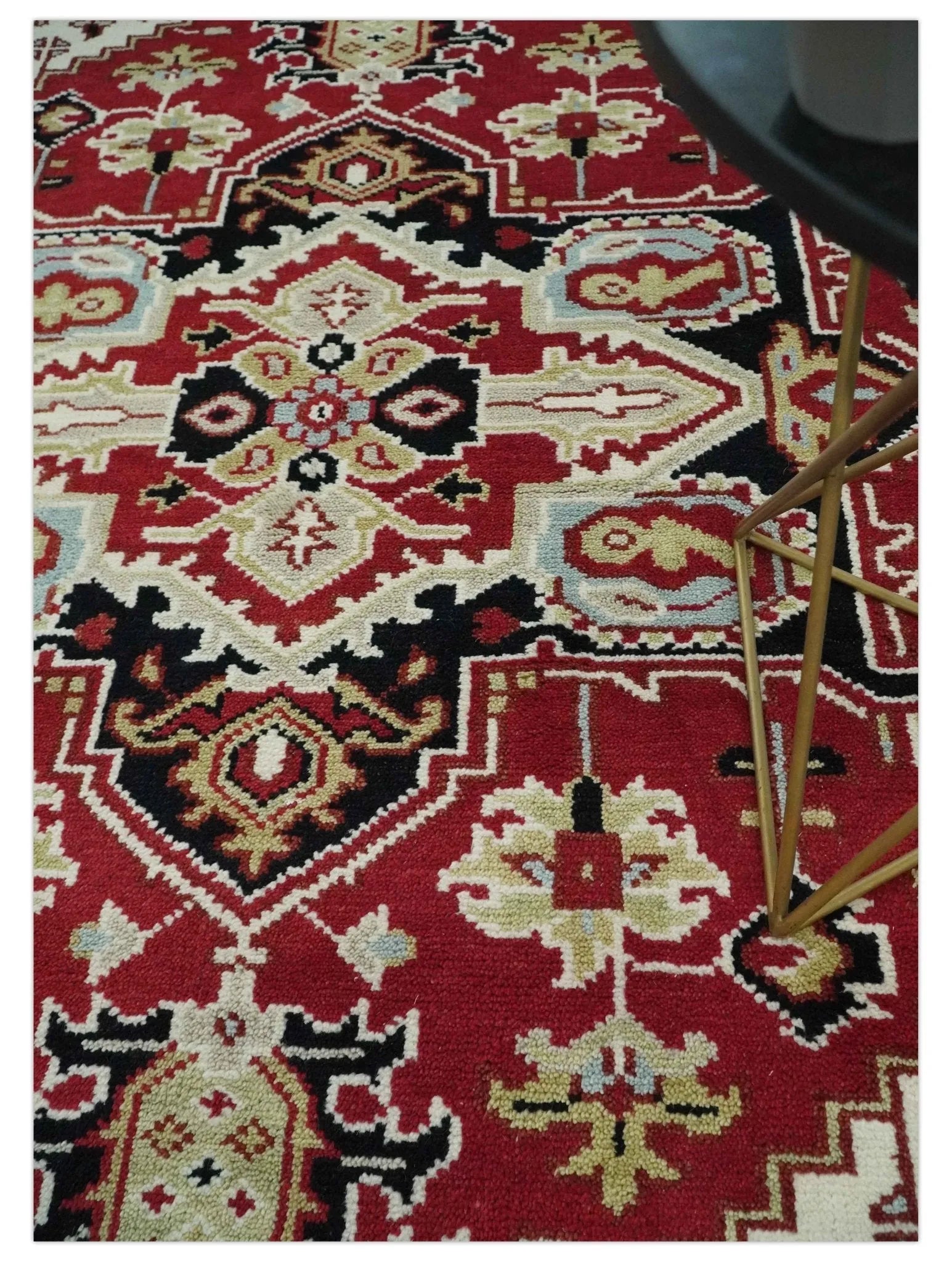 Custom Made Traditional Heriz Rust, Ivory, Black and Beige Hand knotted Medallion Wool Area Rug