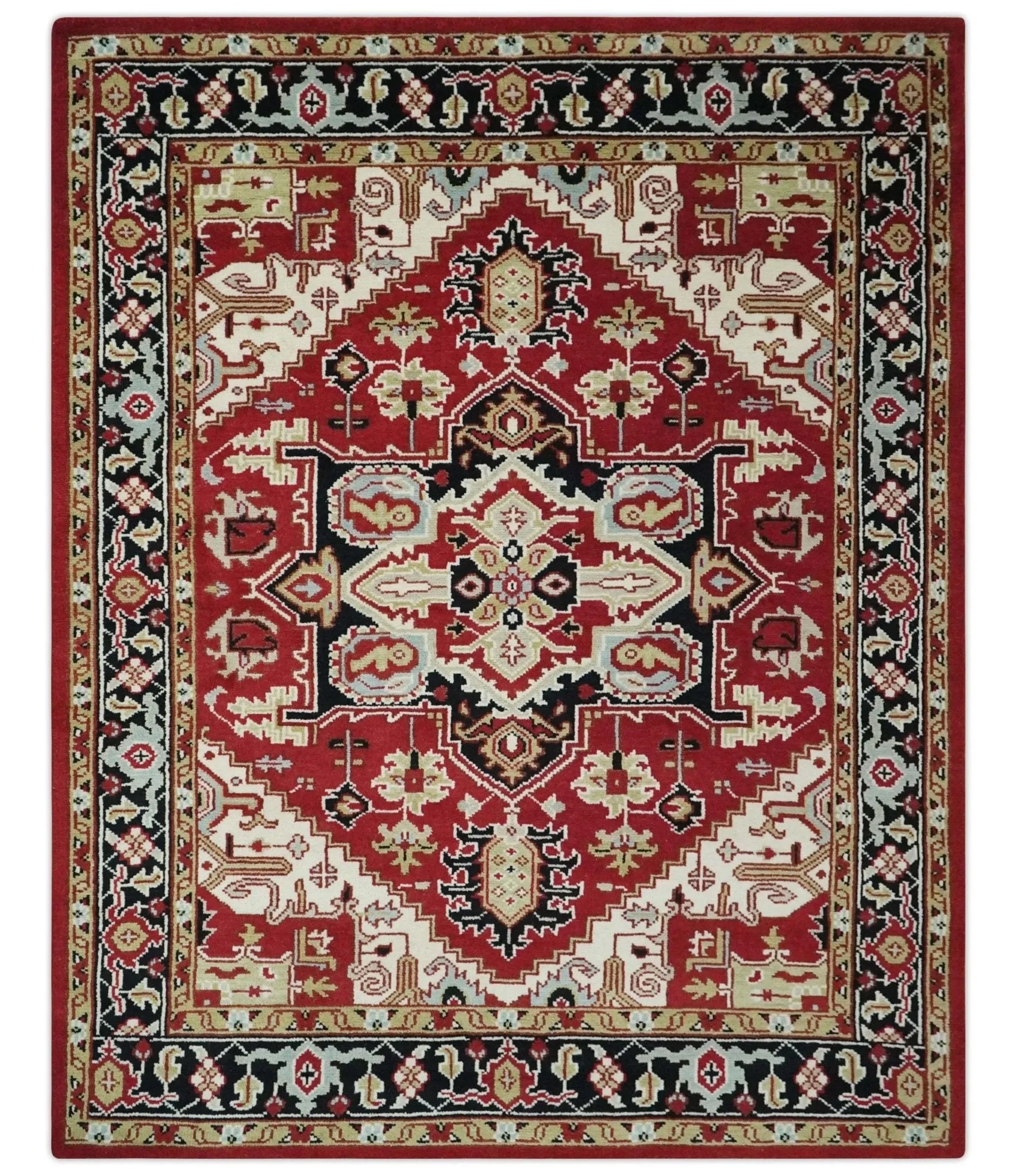 Custom Made Traditional Heriz Rust, Ivory, Black and Beige Hand knotted Medallion Wool Area Rug