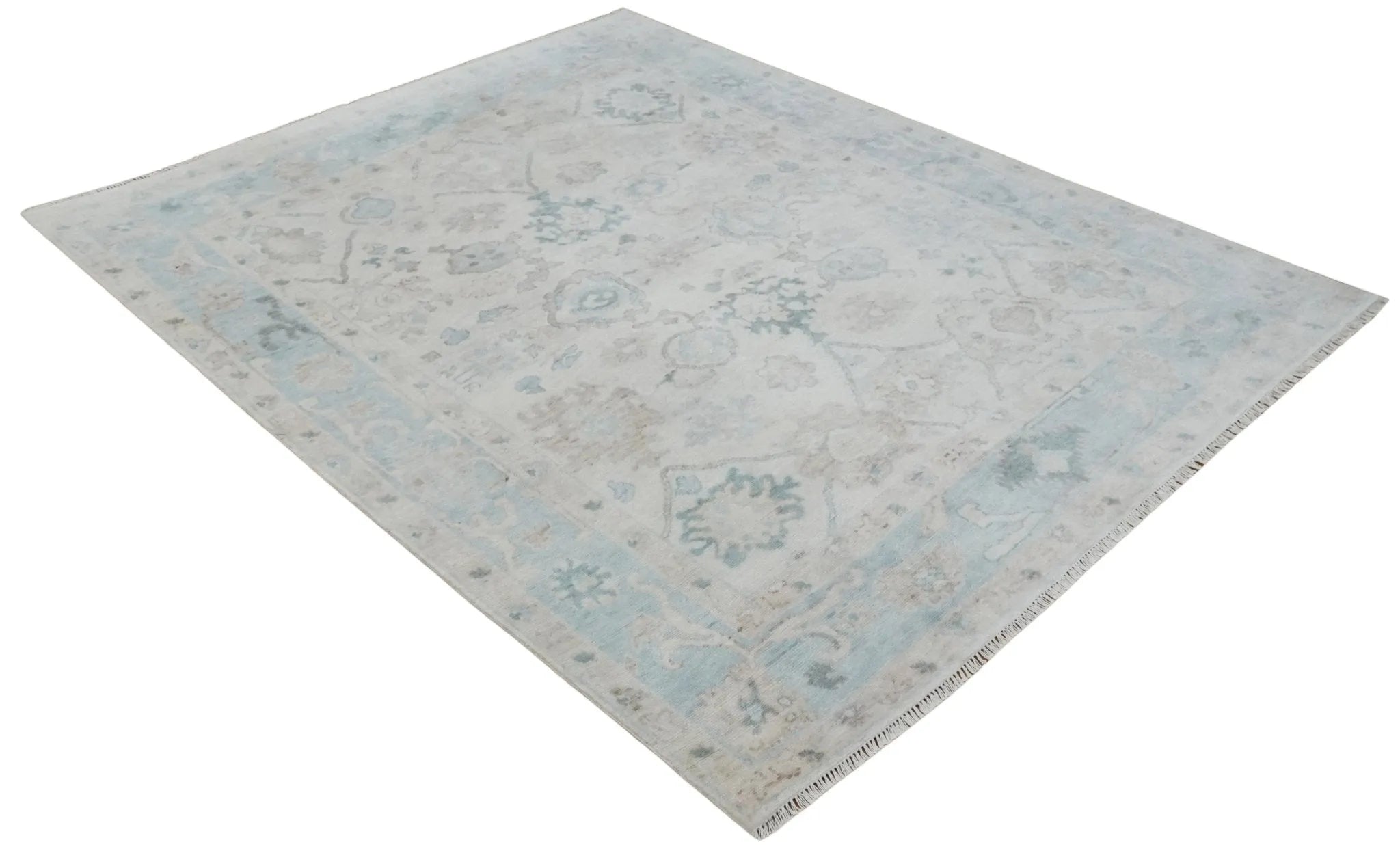 Custom Made Traditional Ivory and Silver Antique Style Oushak Hand knotted Wool Area Rug