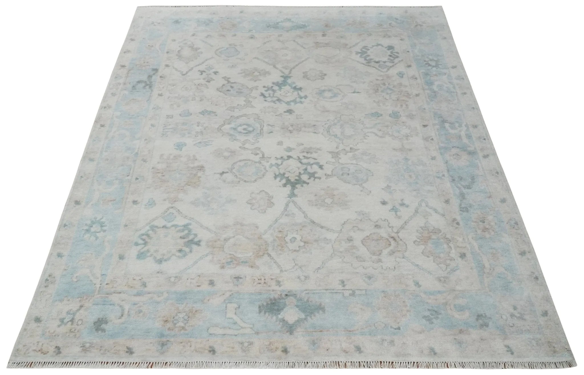 Custom Made Traditional Ivory and Silver Antique Style Oushak Hand knotted Wool Area Rug