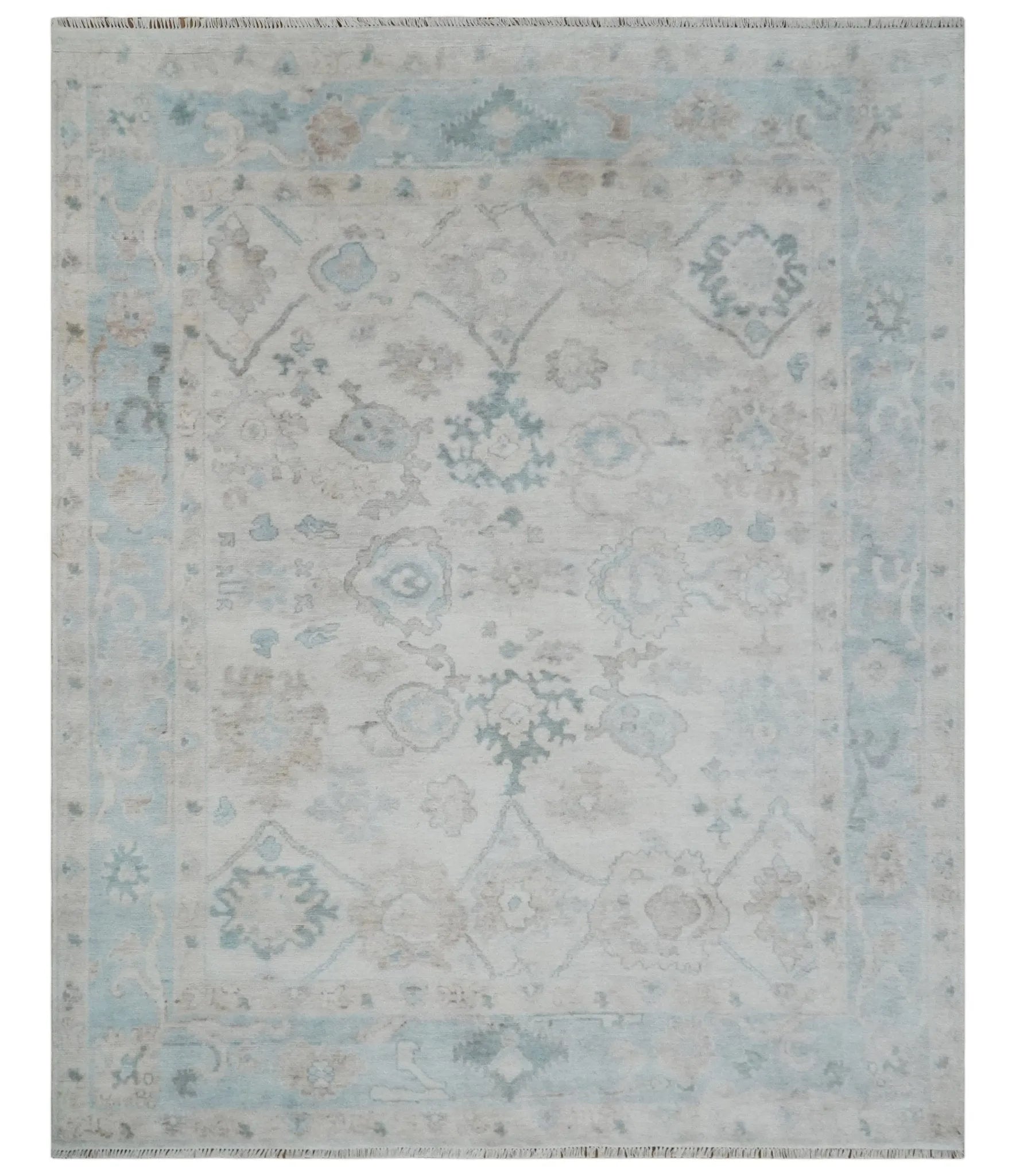 Custom Made Traditional Ivory and Silver Antique Style Oushak Hand knotted Wool Area Rug