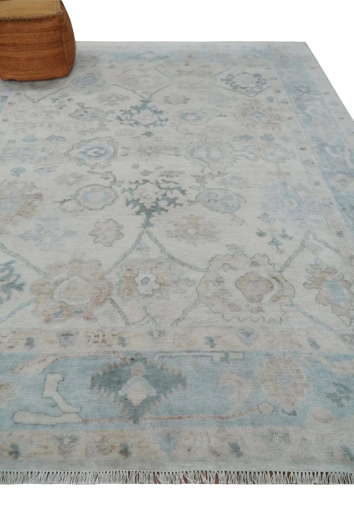 Custom Made Traditional Ivory and Silver Antique Style Oushak Hand knotted Wool Area Rug