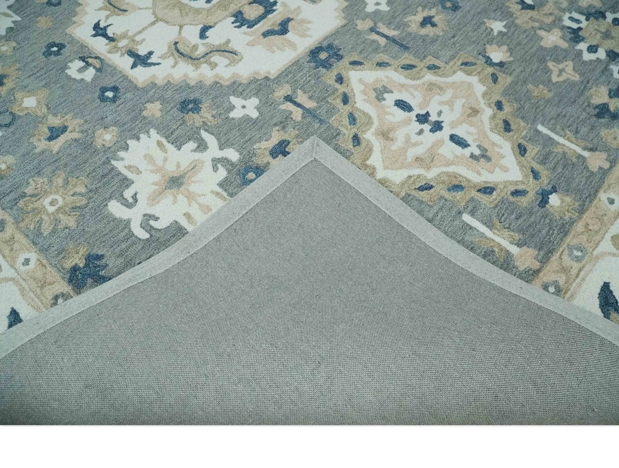 Custom Made Traditional Medallion Gray, Ivory, Beige and Blue Hand Tufted wool Area Rug