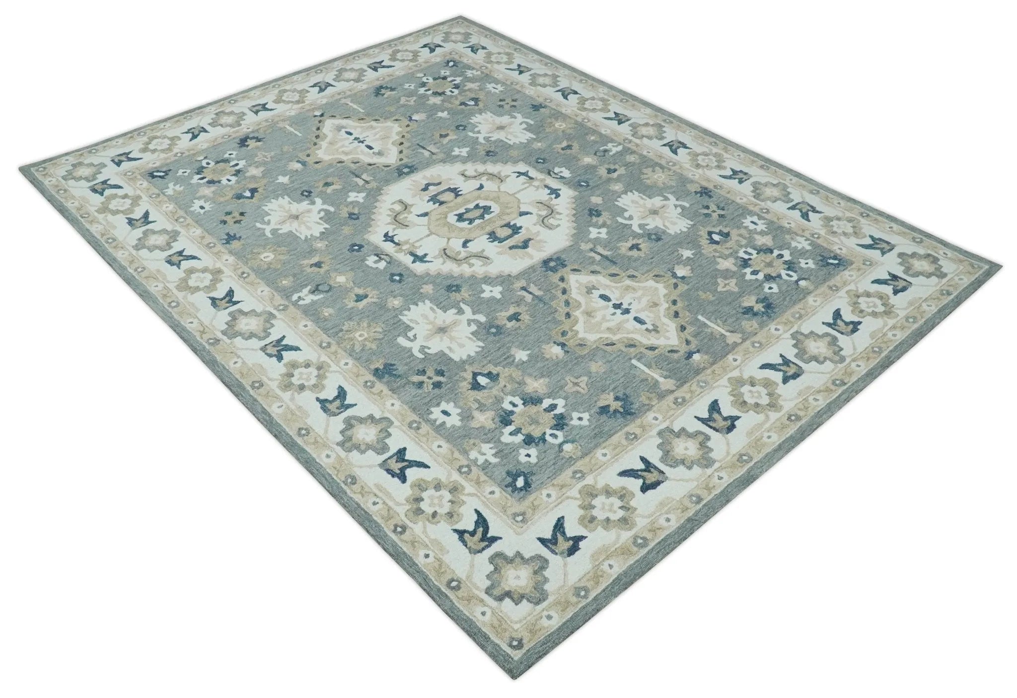 Custom Made Traditional Medallion Gray, Ivory, Beige and Blue Hand Tufted wool Area Rug