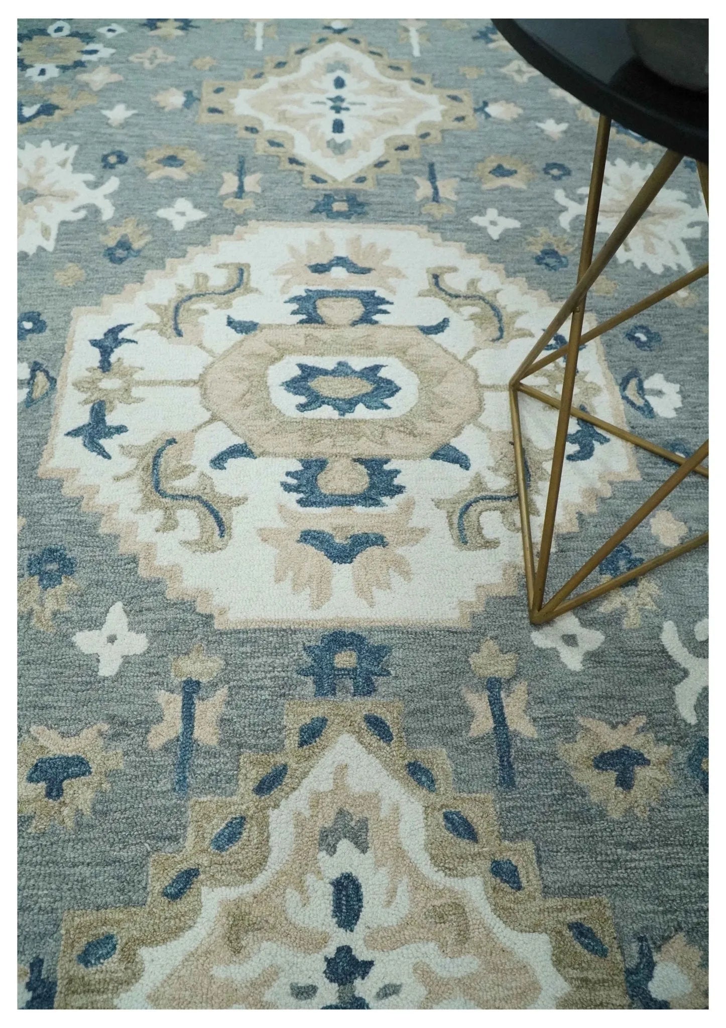 Custom Made Traditional Medallion Gray, Ivory, Beige and Blue Hand Tufted wool Area Rug