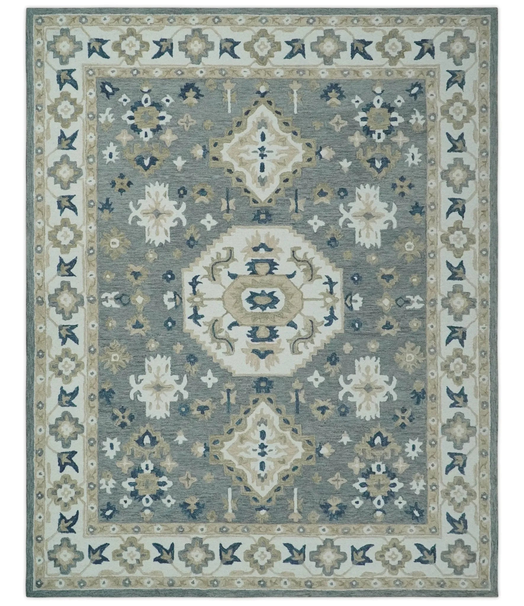 Custom Made Traditional Medallion Gray, Ivory, Beige and Blue Hand Tufted wool Area Rug