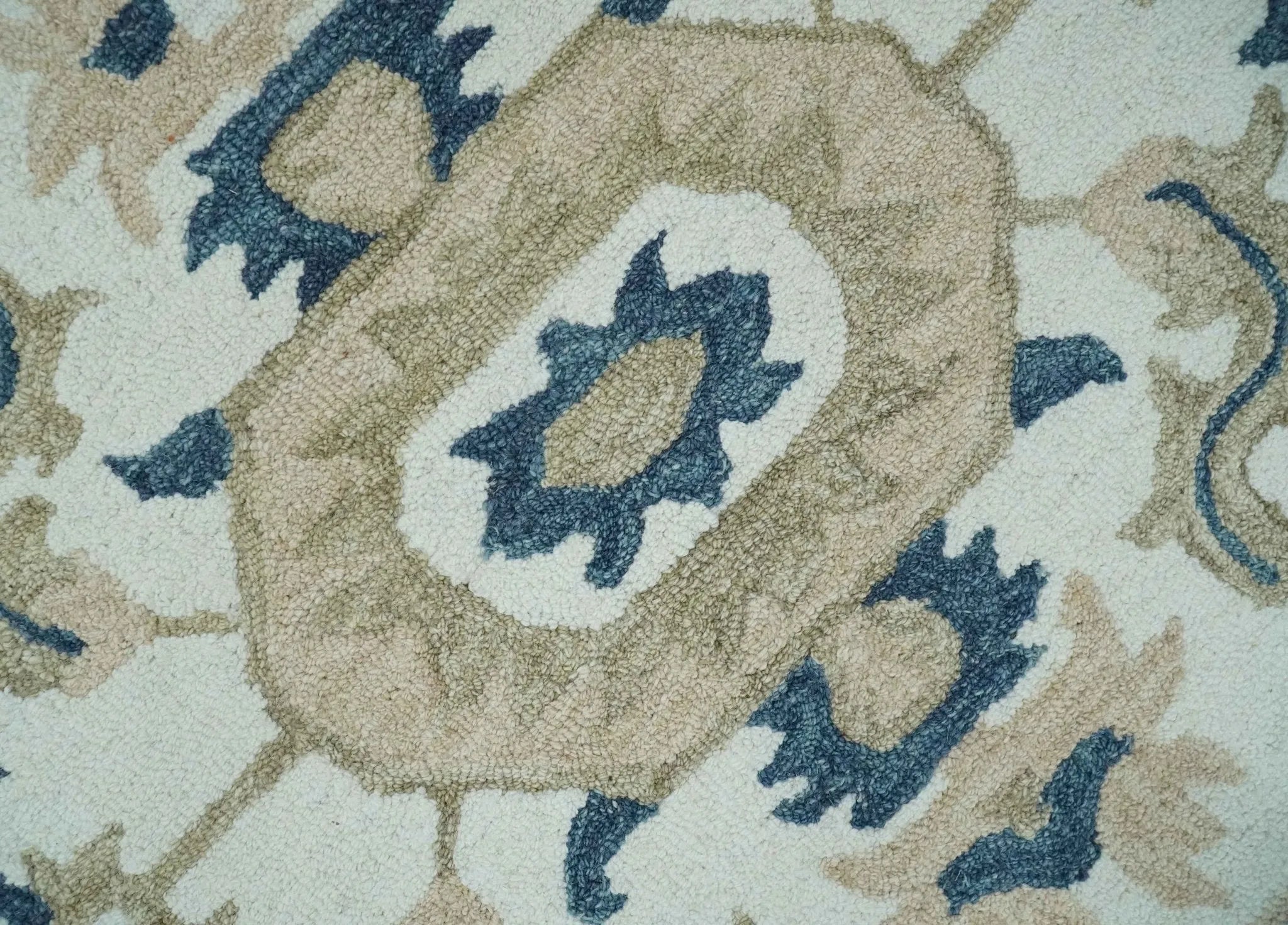 Custom Made Traditional Medallion Gray, Ivory, Beige and Blue Hand Tufted wool Area Rug