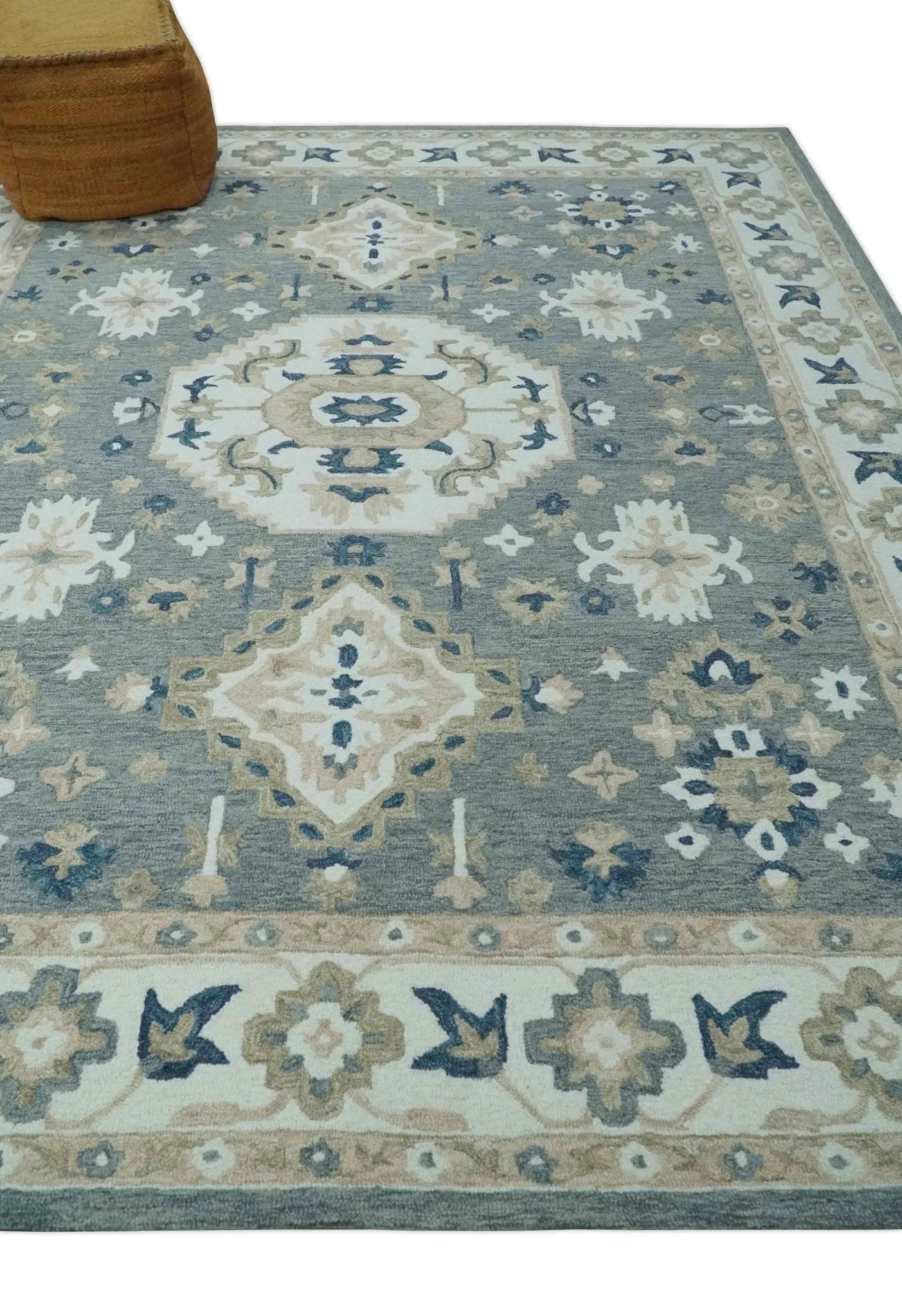 Custom Made Traditional Medallion Gray, Ivory, Beige and Blue Hand Tufted wool Area Rug