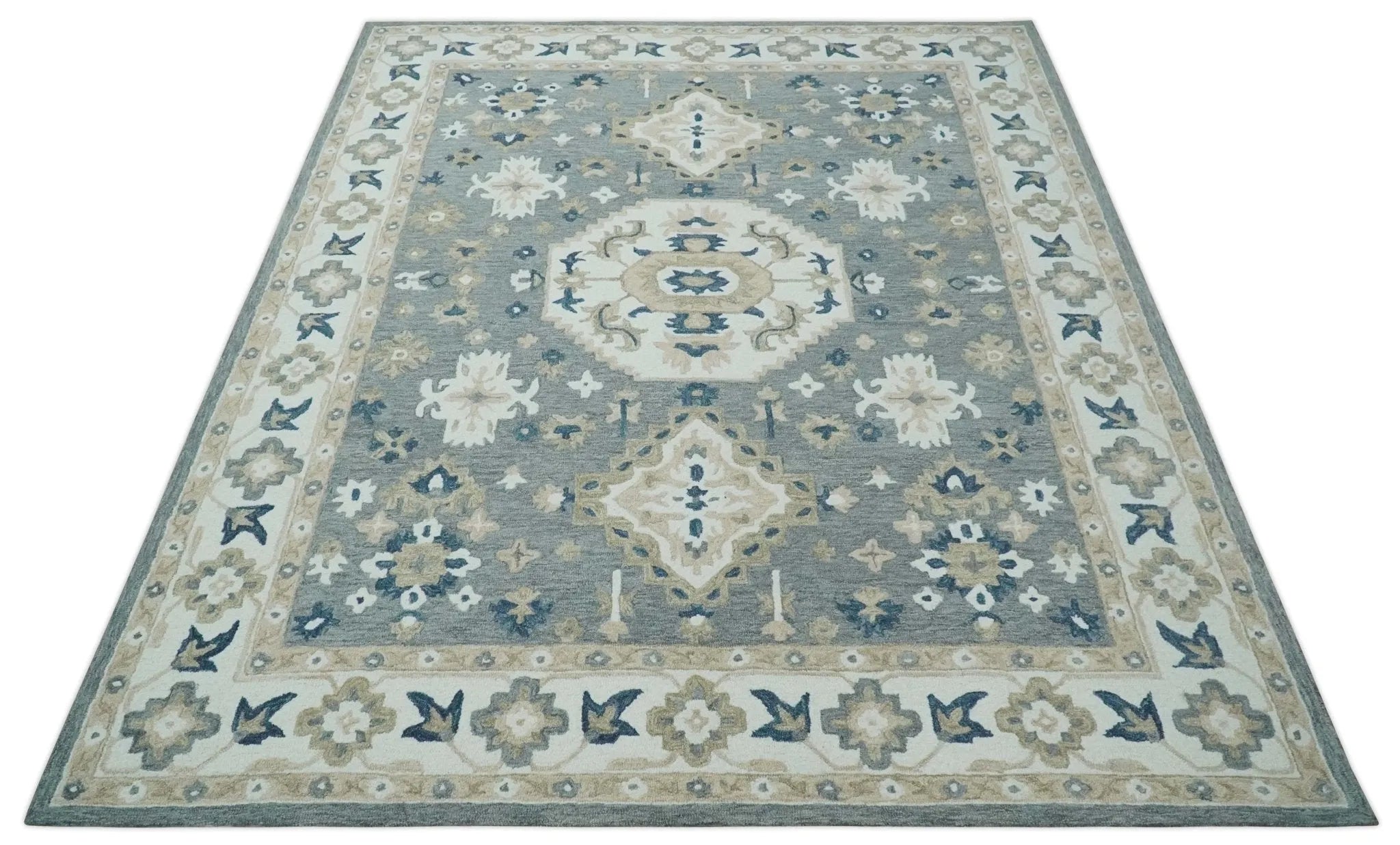 Custom Made Traditional Medallion Gray, Ivory, Beige and Blue Hand Tufted wool Area Rug