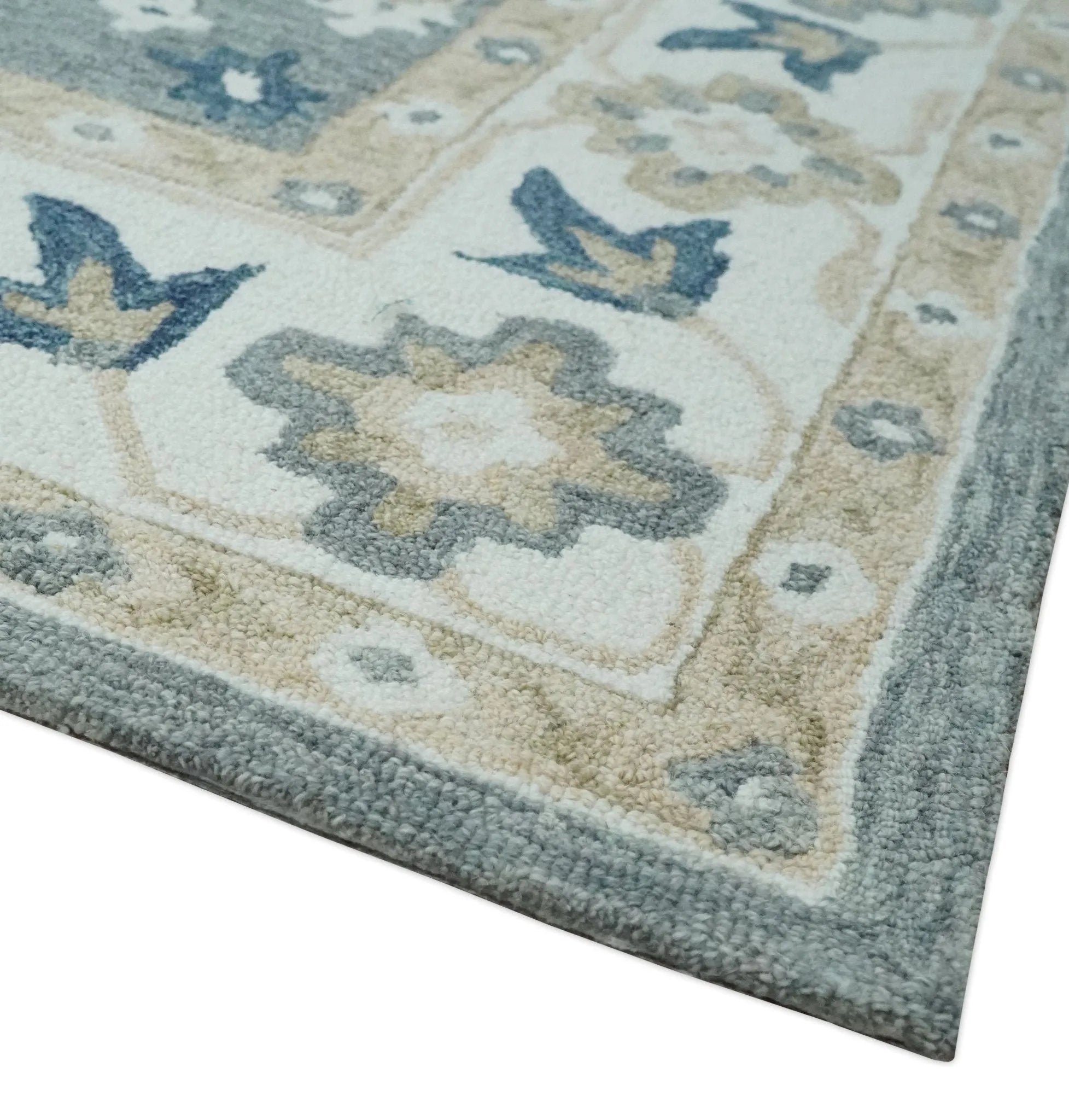 Custom Made Traditional Medallion Gray, Ivory, Beige and Blue Hand Tufted wool Area Rug