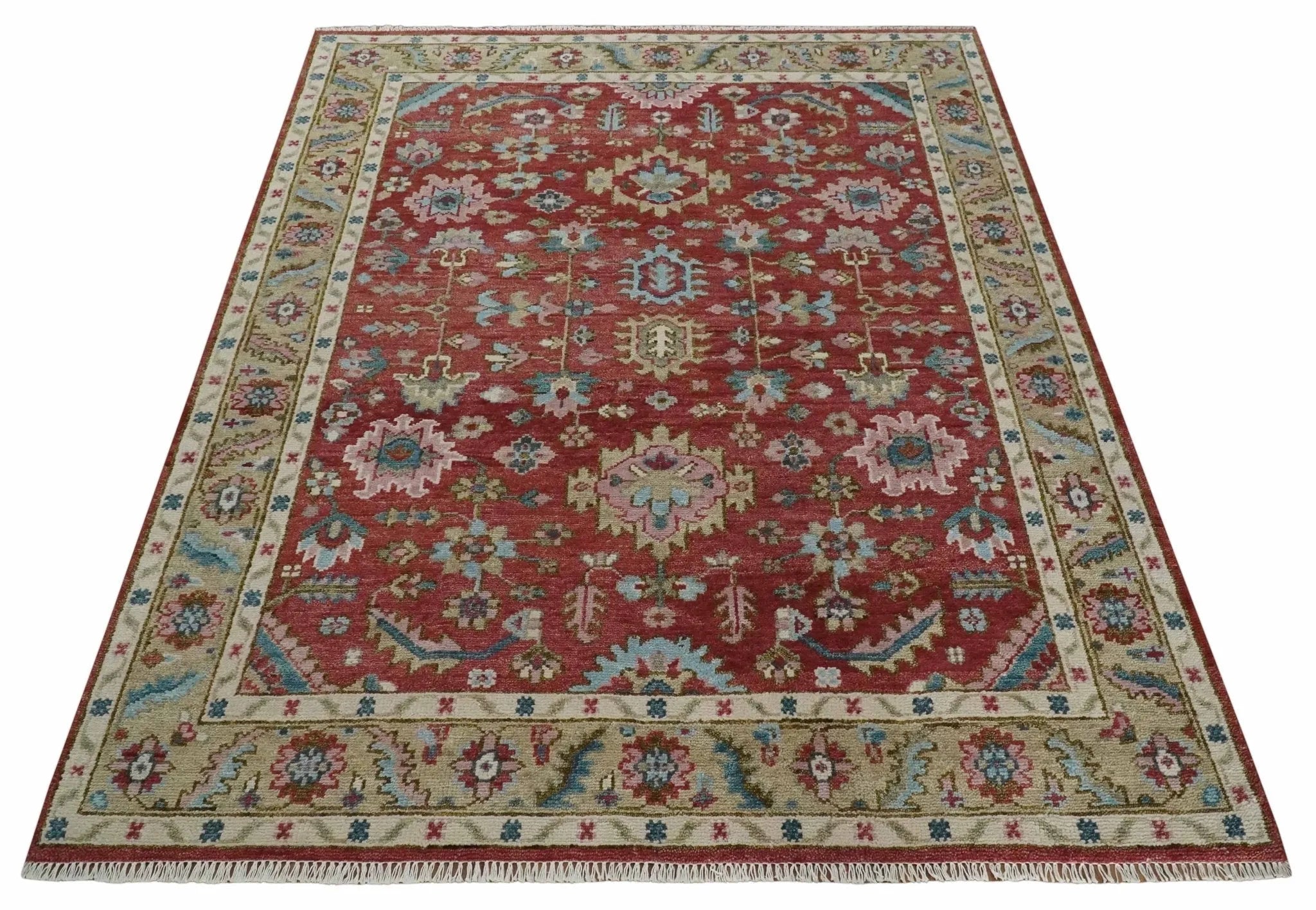 Custom Made Traditional Oushak Rust, Beige and Teal Hand knotted wool Area Rug