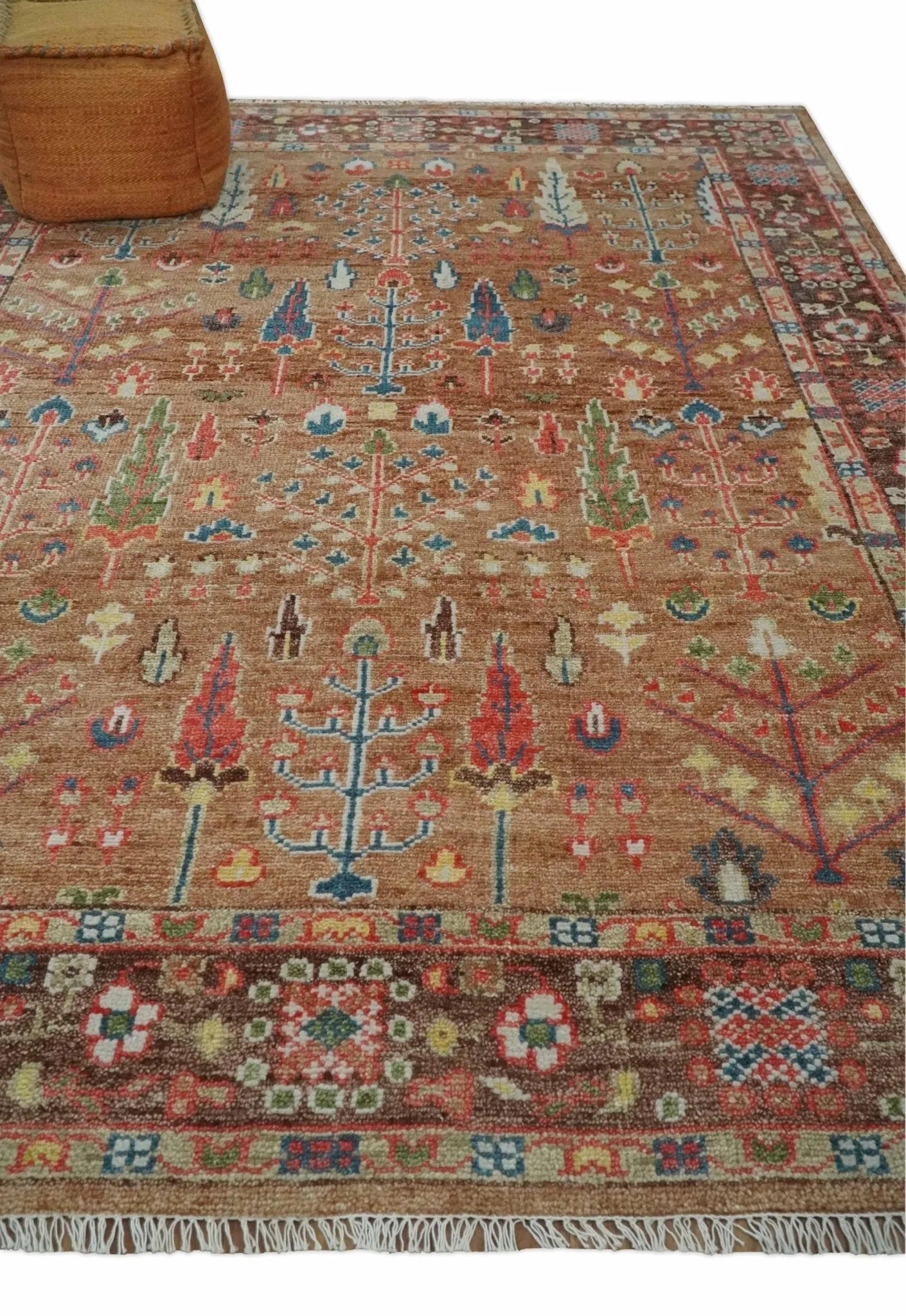 Custom made Tree of Life Brown and Rust Hand Knotted Traditional Oushak Wool Rug