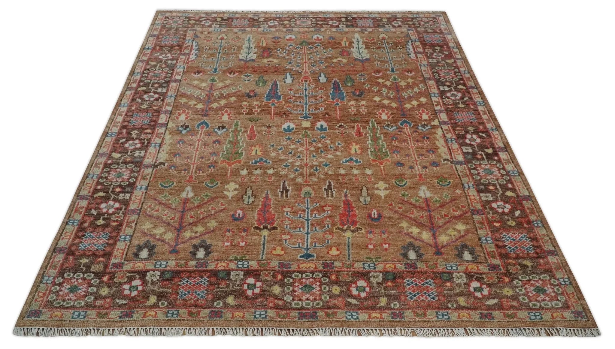 Custom made Tree of Life Brown and Rust Hand Knotted Traditional Oushak Wool Rug