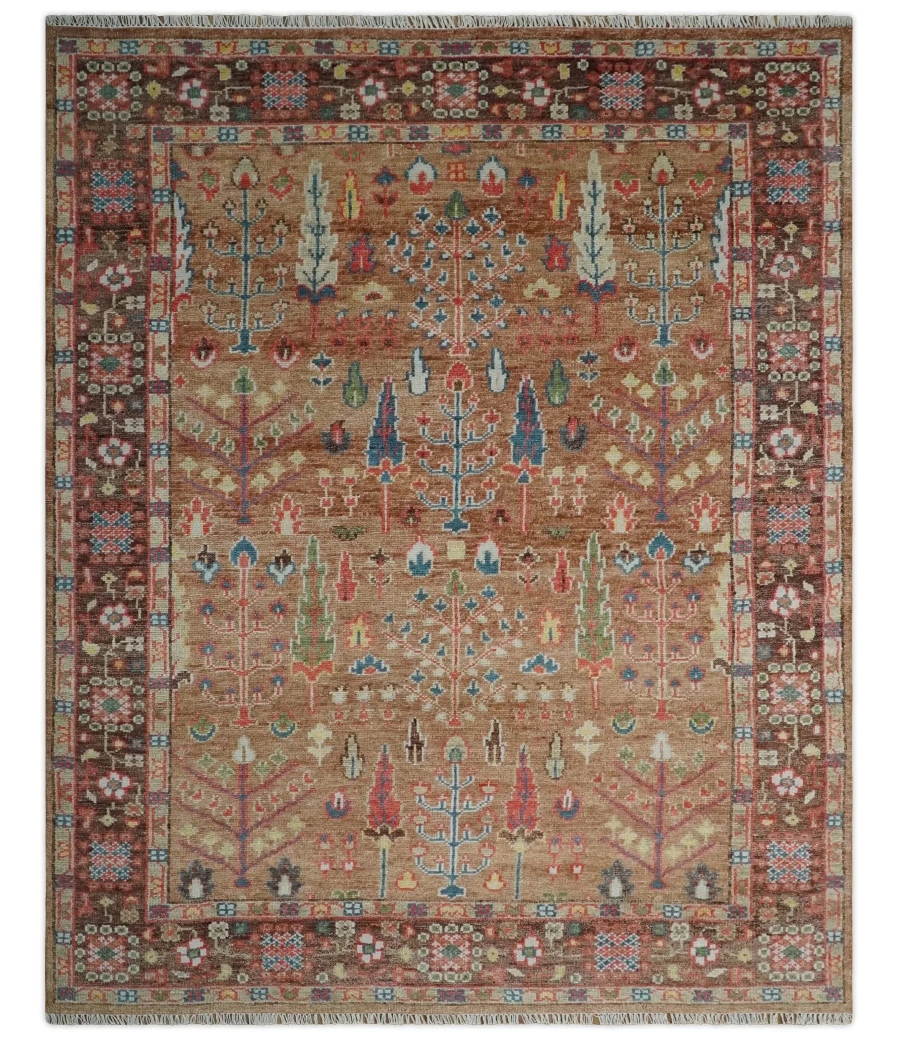 Custom made Tree of Life Brown and Rust Hand Knotted Traditional Oushak Wool Rug