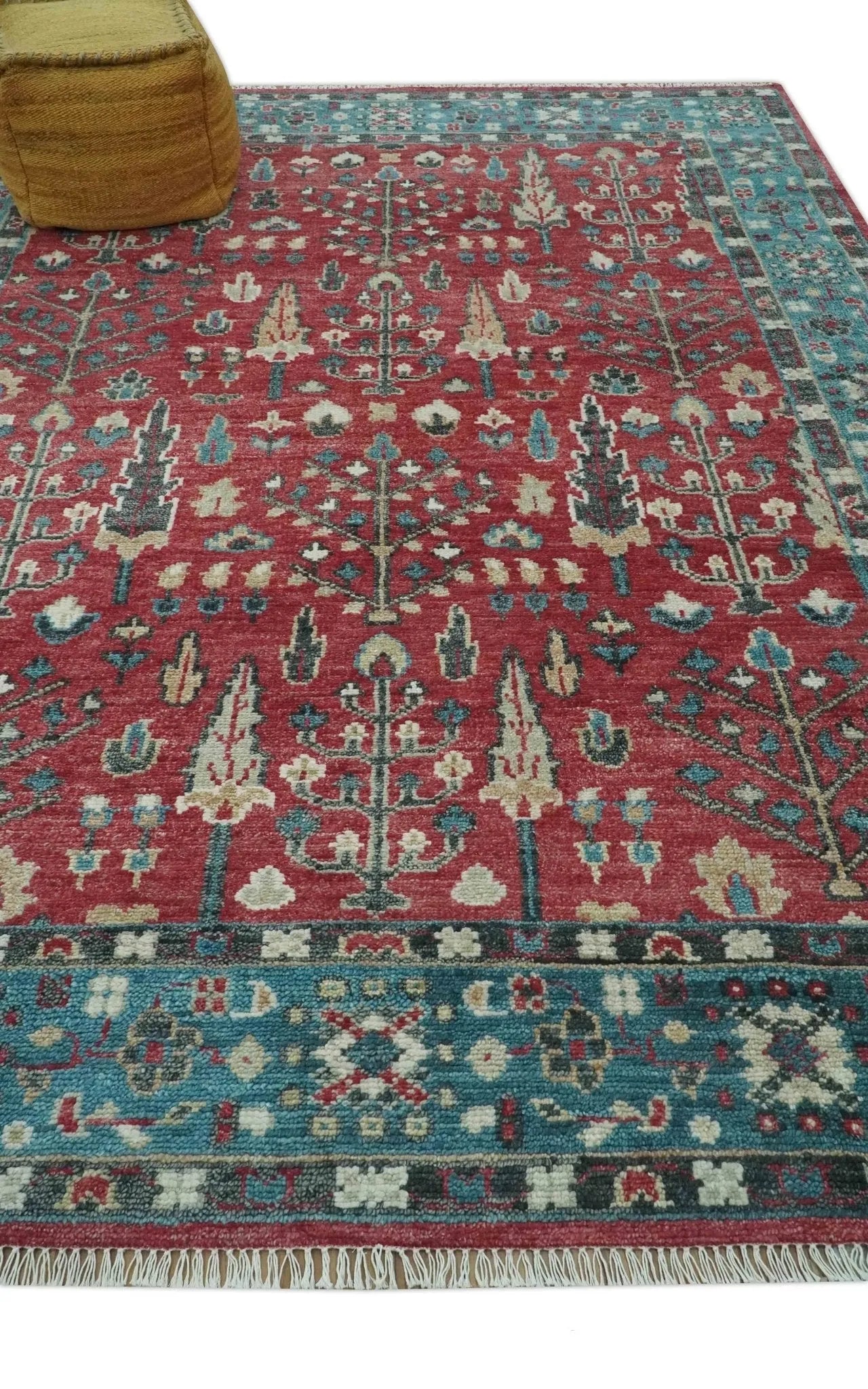 Custom Made Tree of Life Hand Knotted Maroon and Blue Traditional Wool area Rug