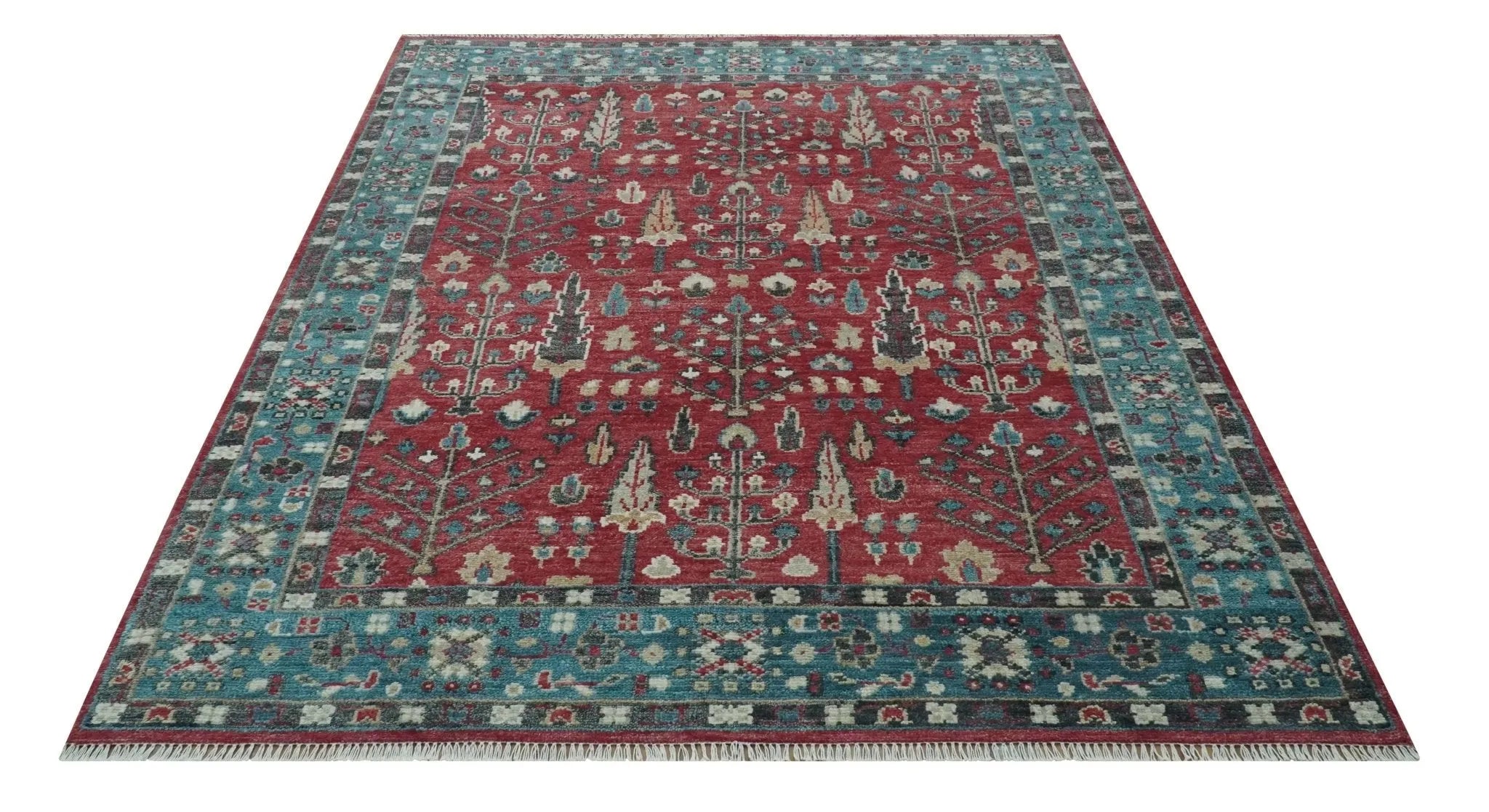 Custom Made Tree of Life Hand Knotted Maroon and Blue Traditional Wool area Rug