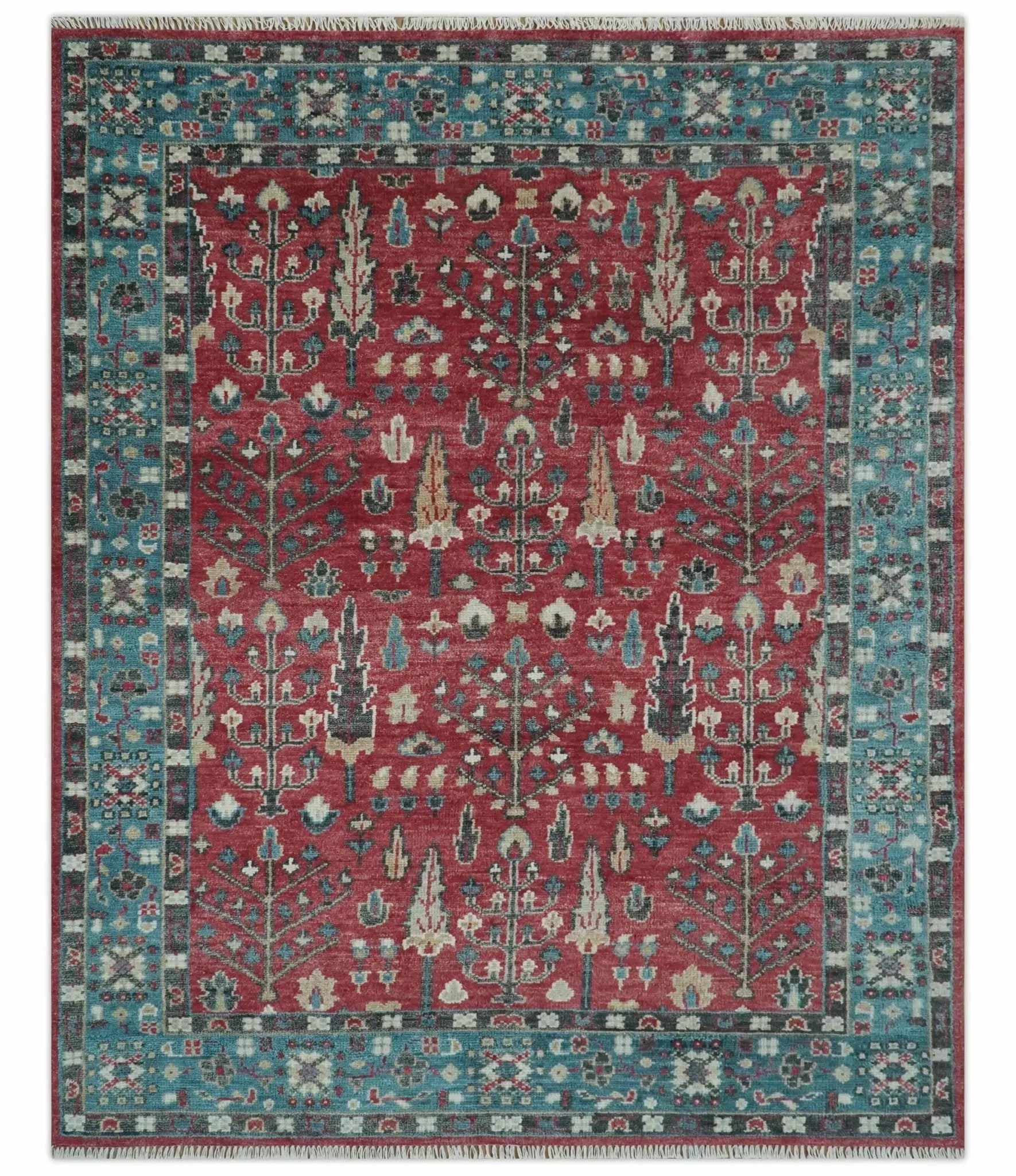 Custom Made Tree of Life Hand Knotted Maroon and Blue Traditional Wool area Rug