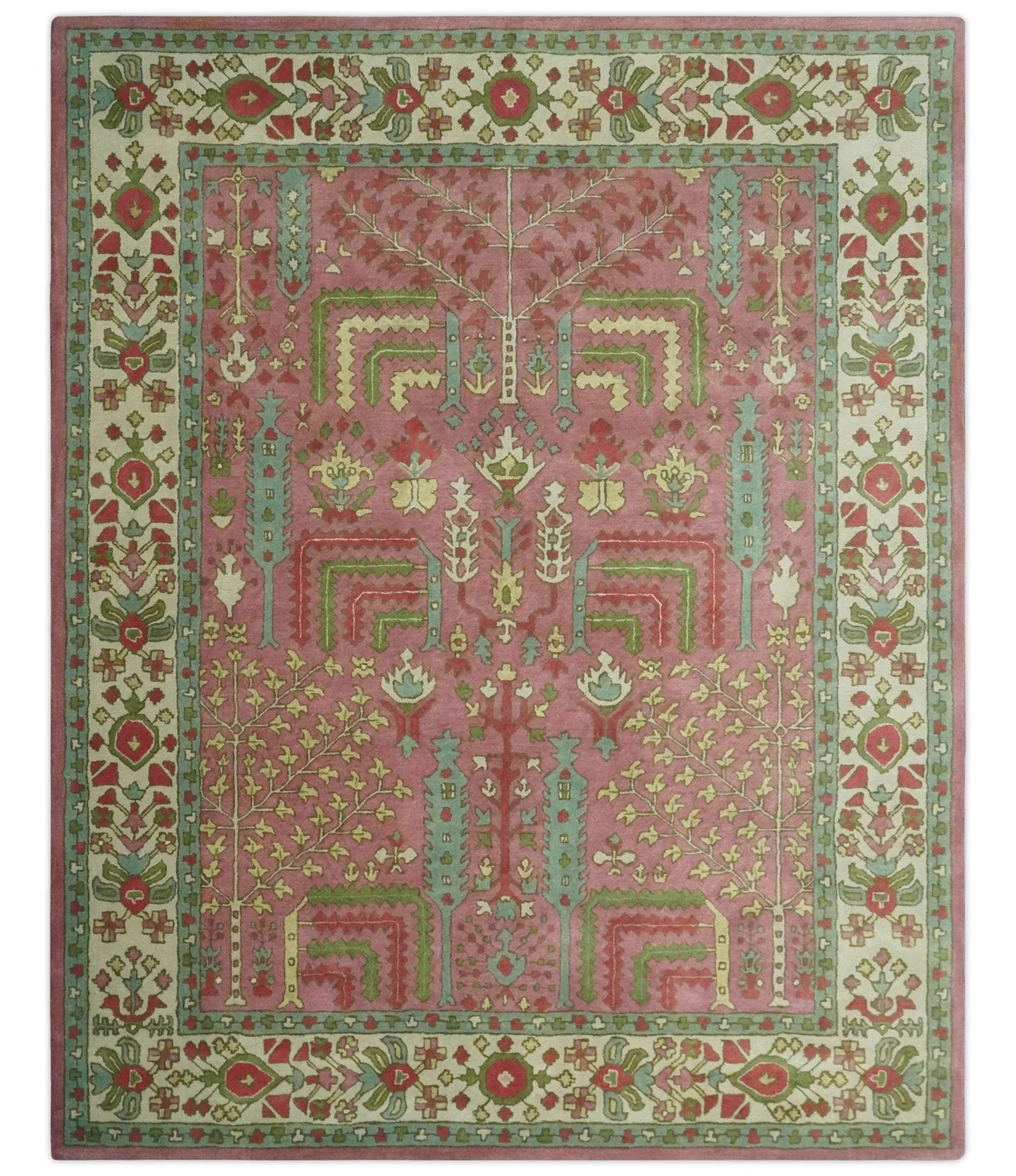 Custom Made Tree of life Traditional Floral Dark Peach, Beige and Green wool Area Rug