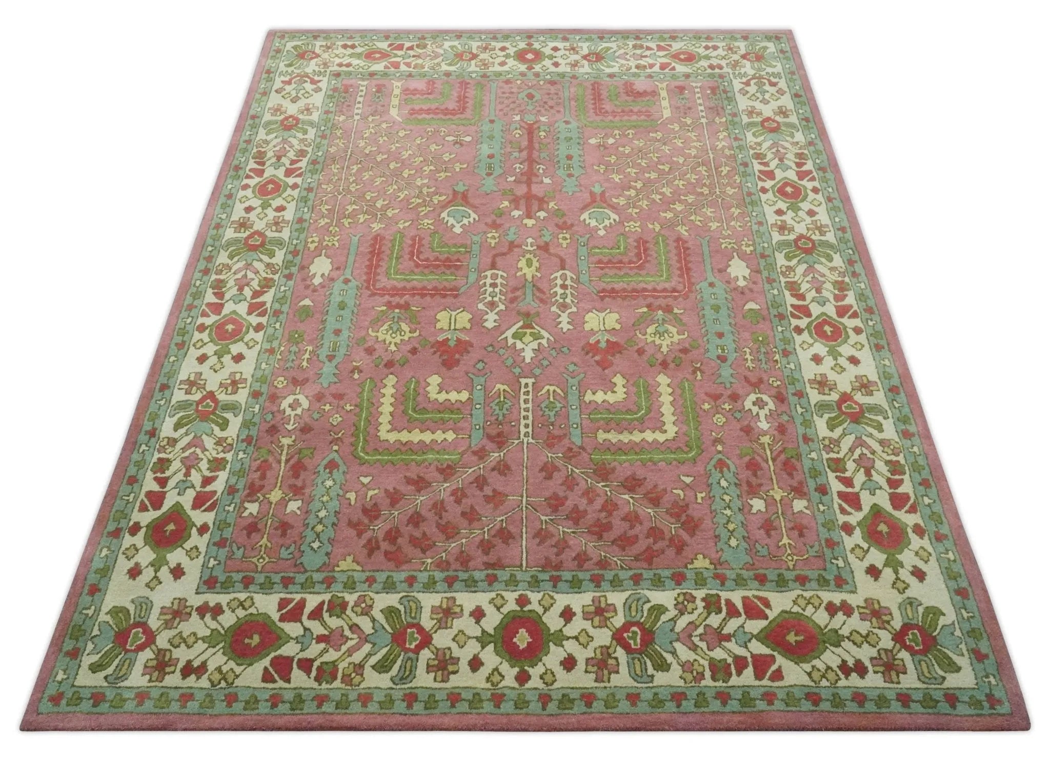 Custom Made Tree of life Traditional Floral Dark Peach, Beige and Green wool Area Rug