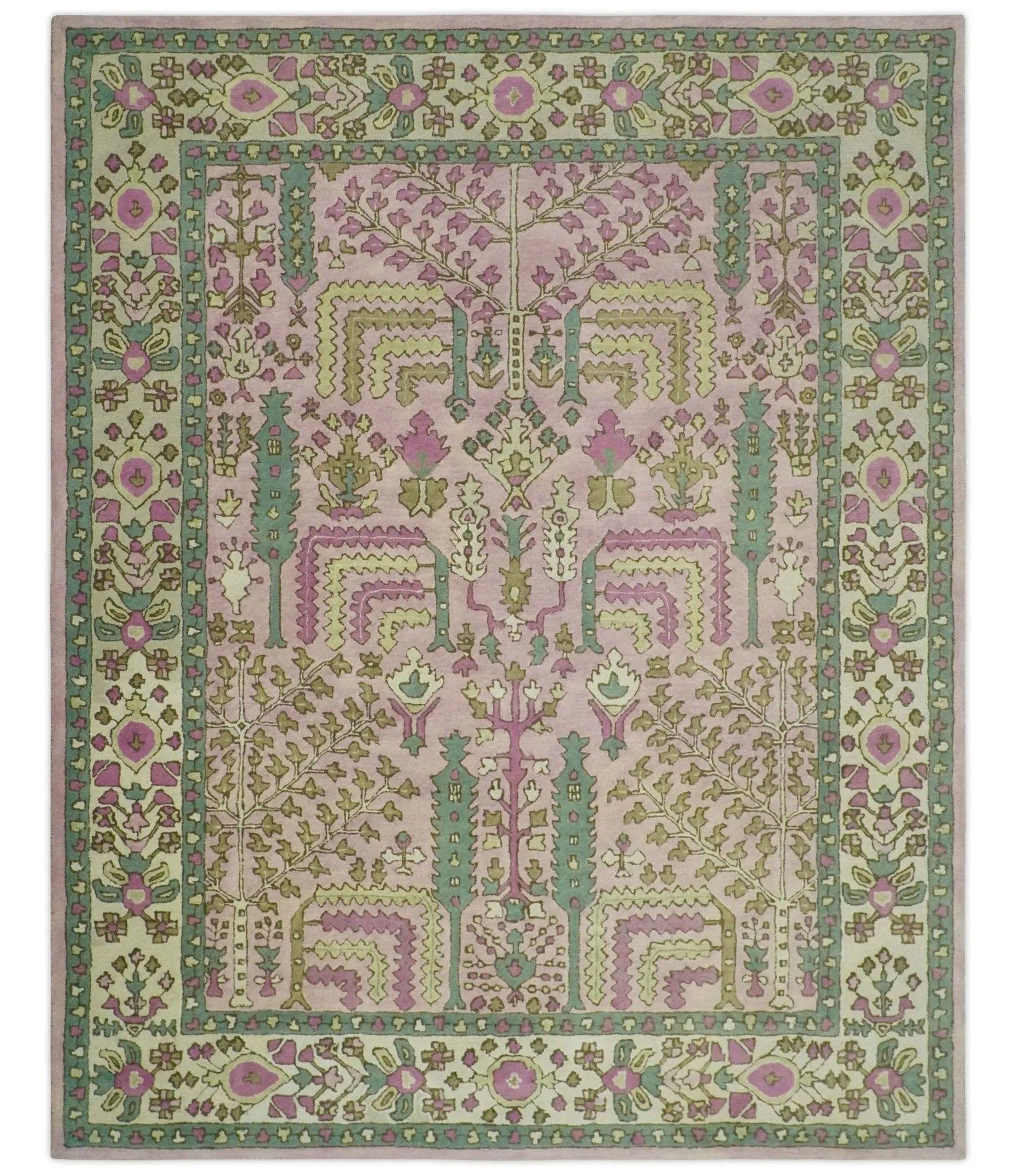 Custom Made Tree of life Traditional Floral Light Purple, Green, Olive and Beige Hand Tufted wool Area Rug