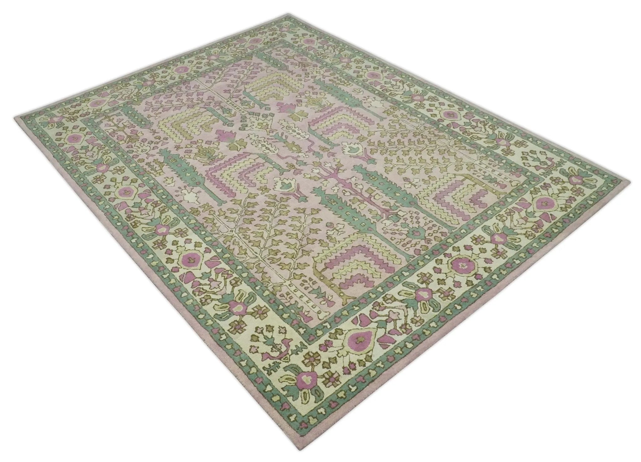 Custom Made Tree of life Traditional Floral Light Purple, Green, Olive and Beige Hand Tufted wool Area Rug