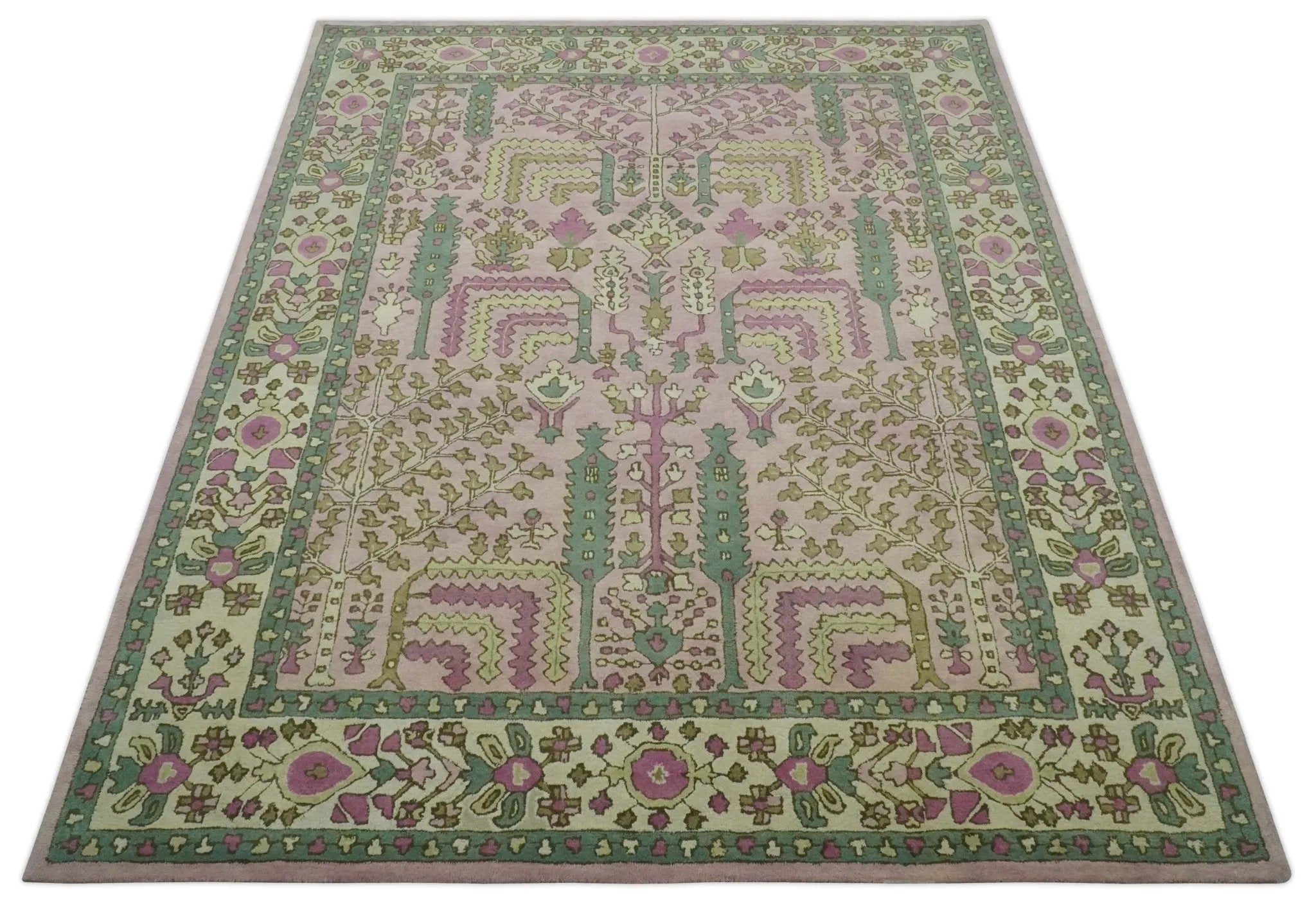 Custom Made Tree of life Traditional Floral Light Purple, Green, Olive and Beige Hand Tufted wool Area Rug