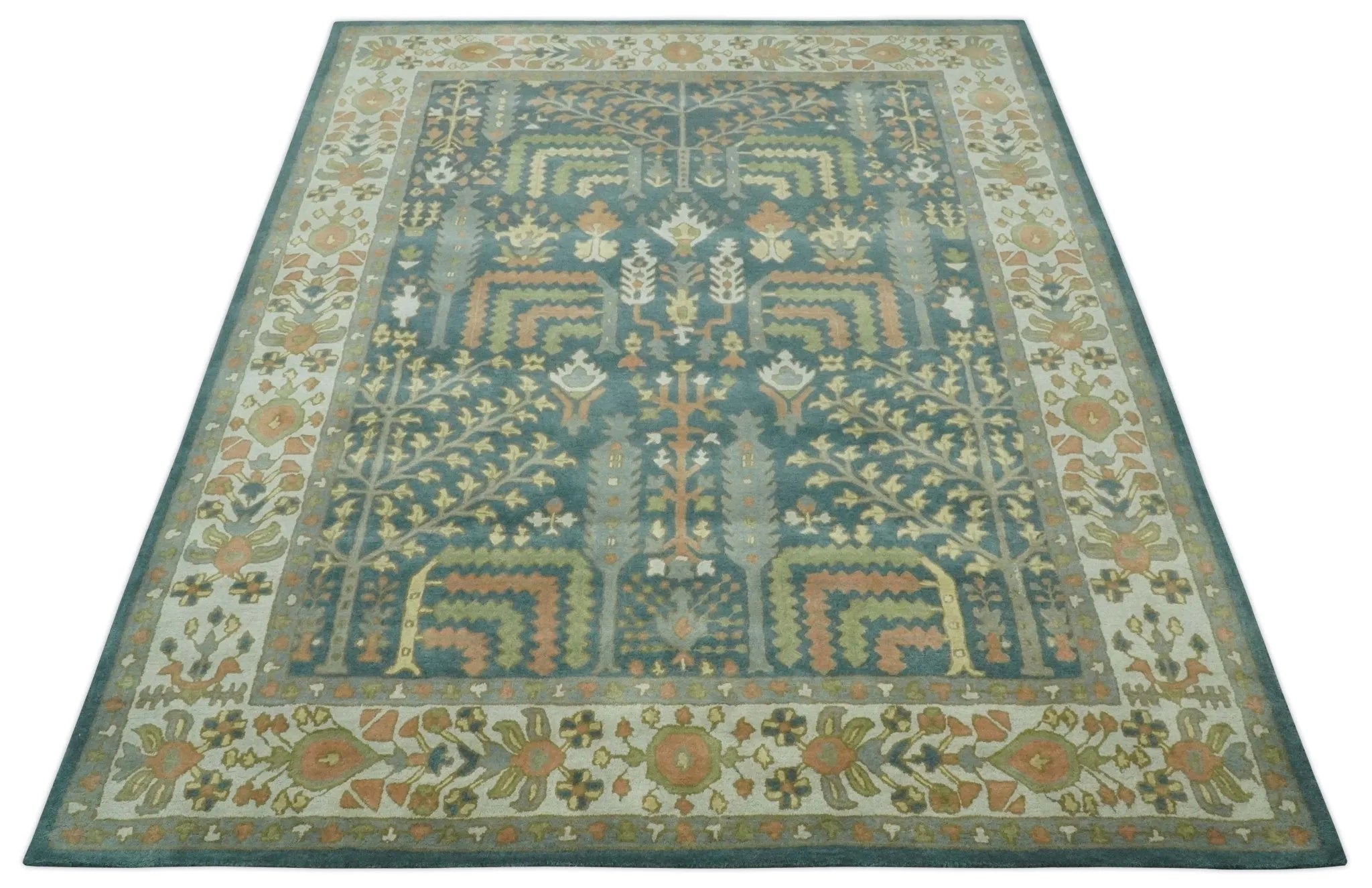 Custom Made Tree of life Traditional Teal, Silver, and Dark Peach wool Rug