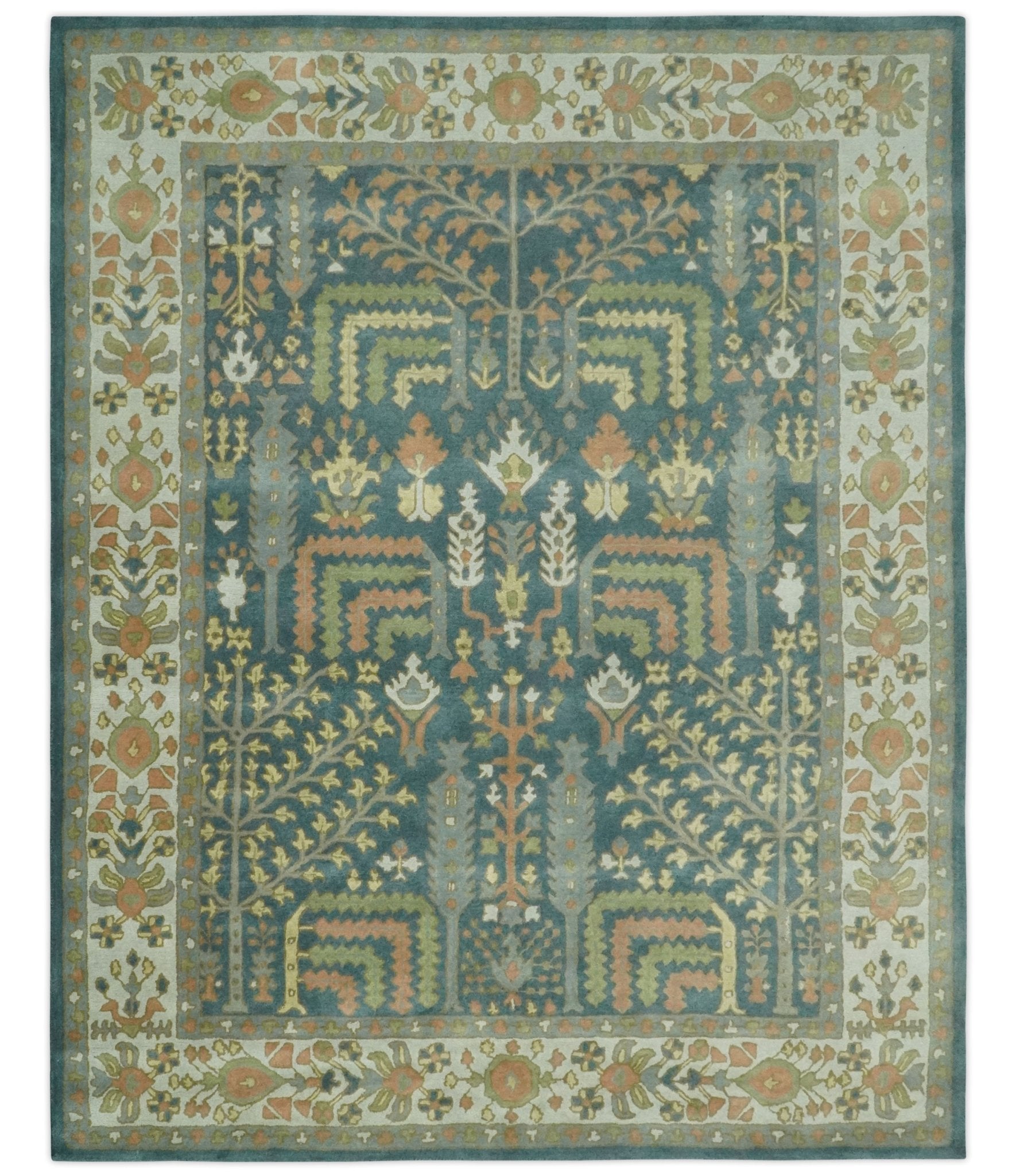 Custom Made Tree of life Traditional Teal, Silver, and Dark Peach wool Rug