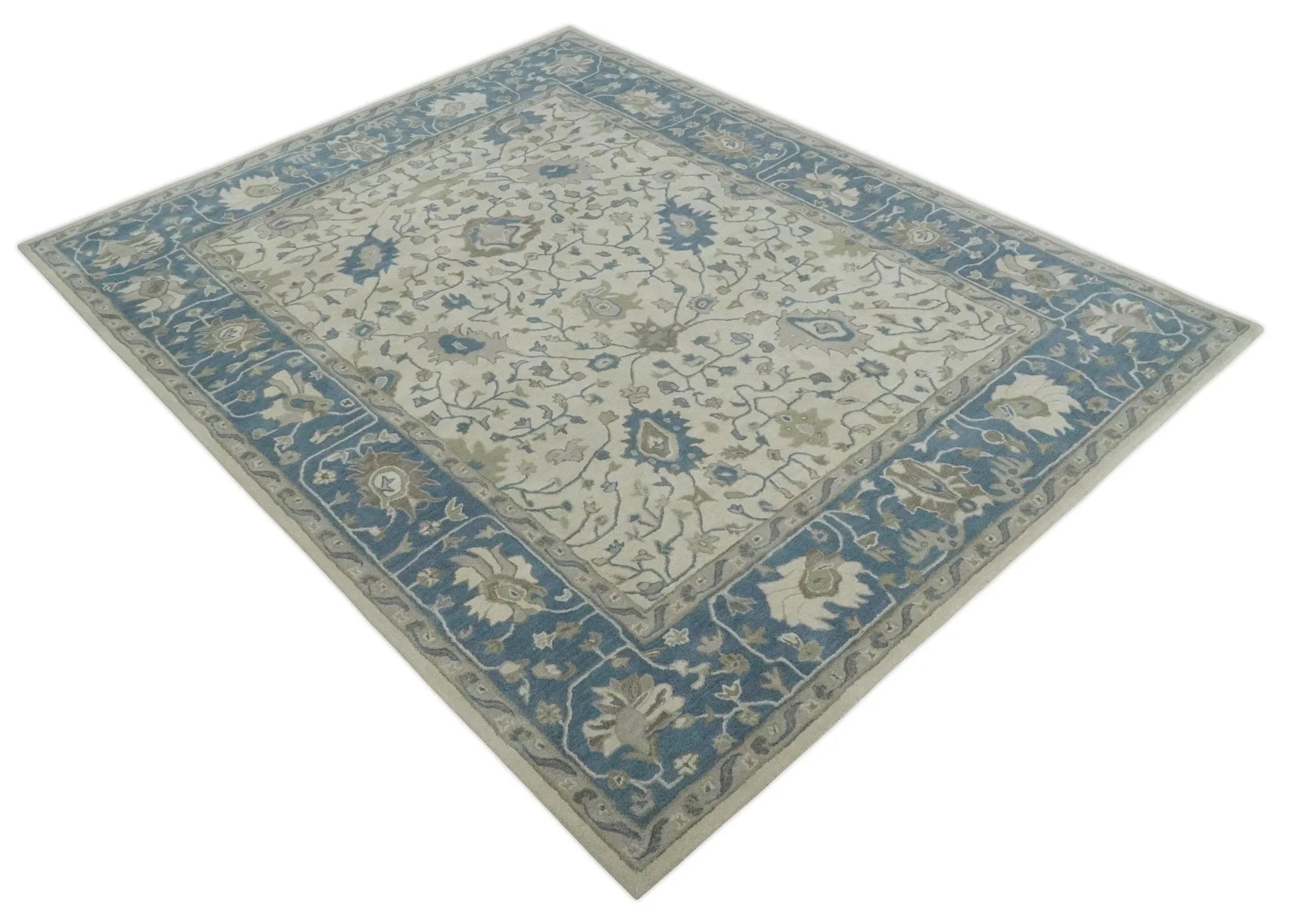 Custom Made Tufted Beige and Blue Traditional Wool Oushak Rug