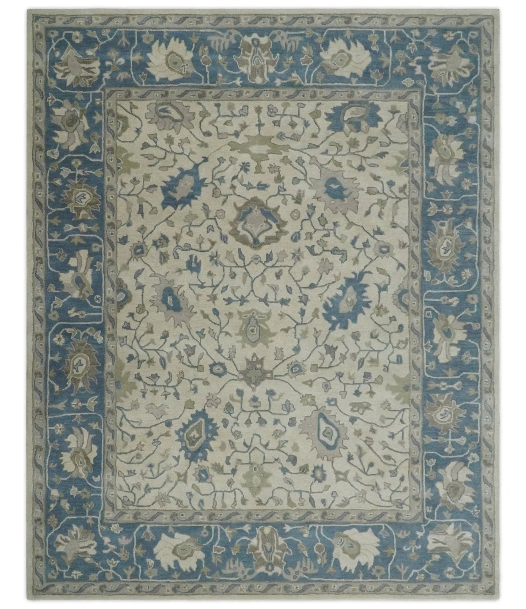 Custom Made Tufted Beige and Blue Traditional Wool Oushak Rug