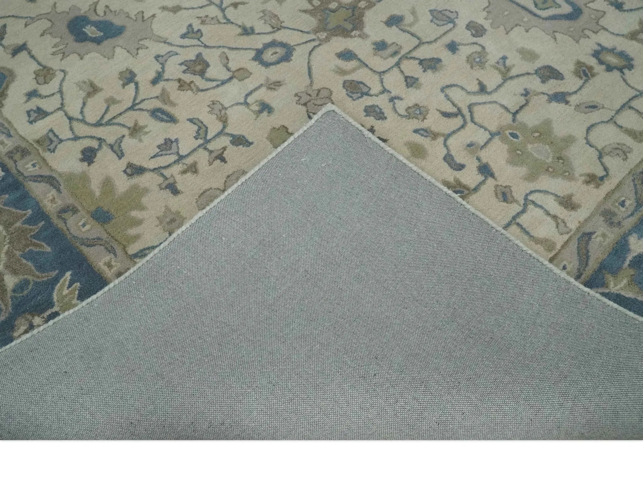 Custom Made Tufted Beige and Blue Traditional Wool Oushak Rug