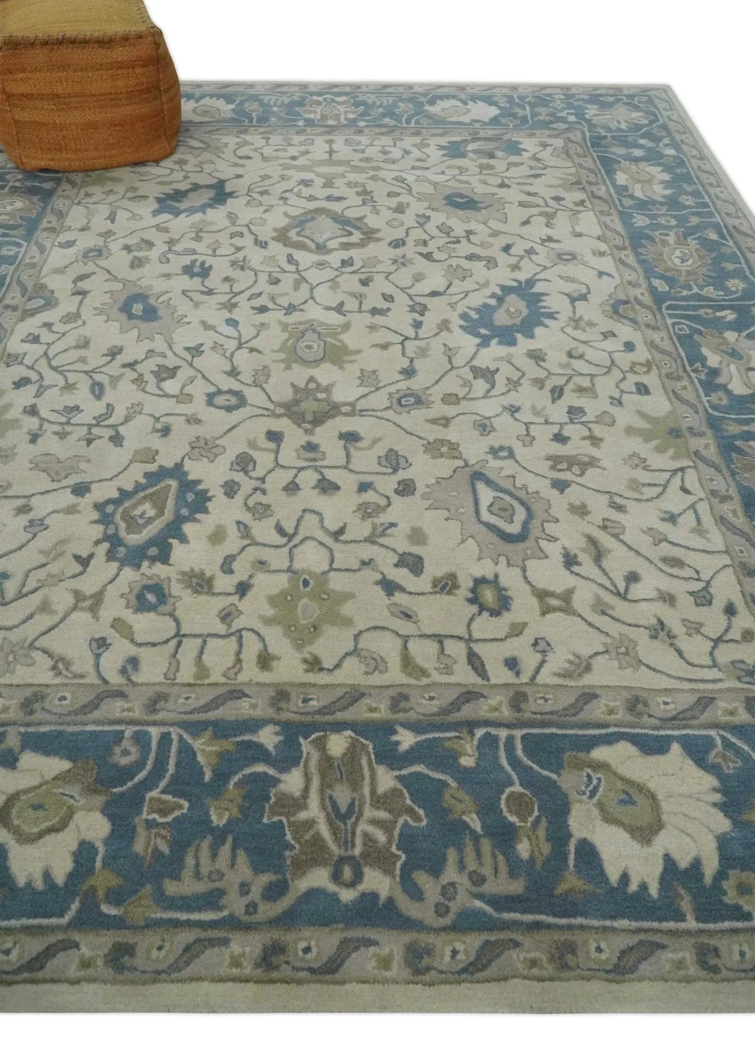 Custom Made Tufted Beige and Blue Traditional Wool Oushak Rug