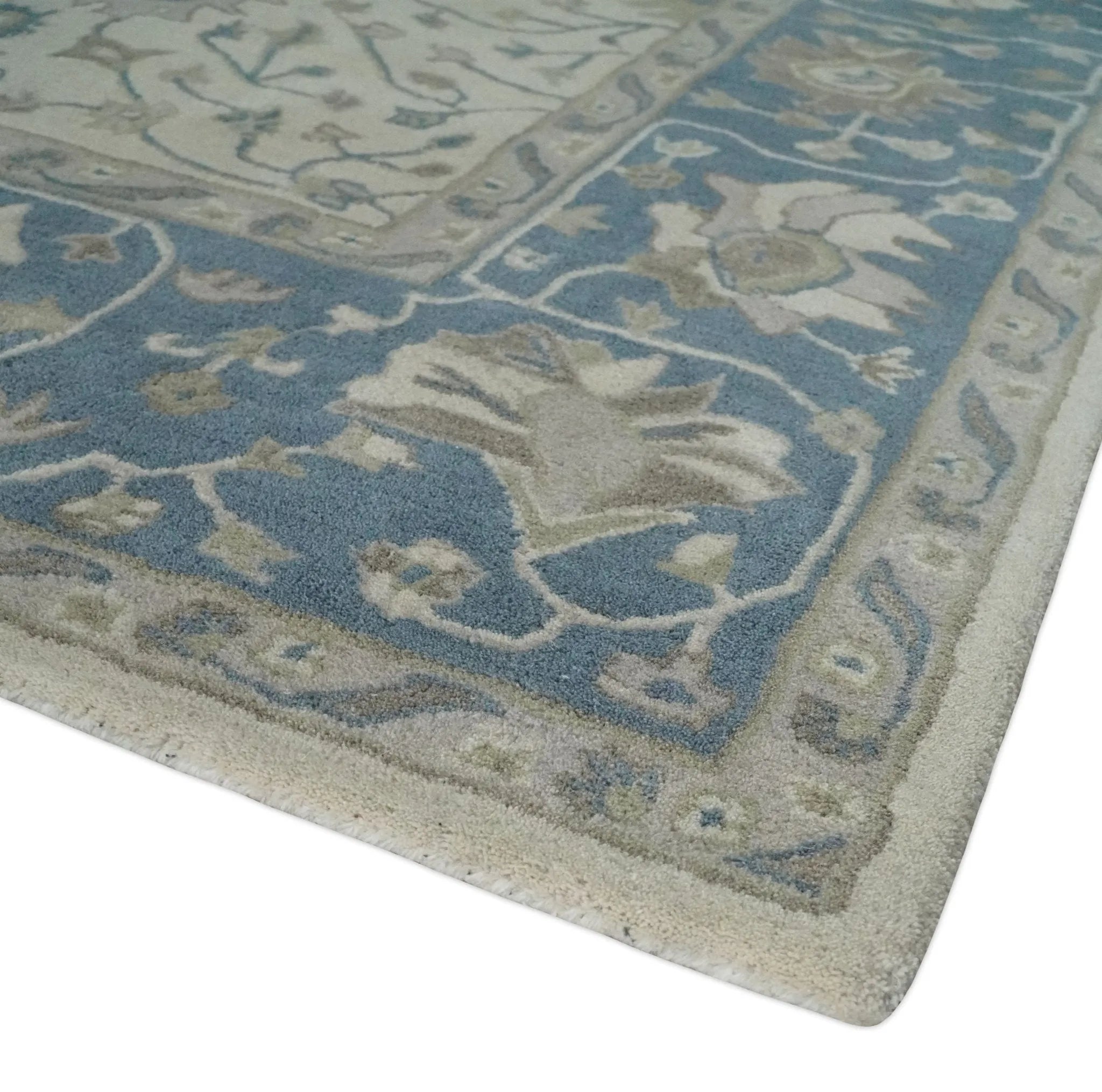 Custom Made Tufted Beige and Blue Traditional Wool Oushak Rug