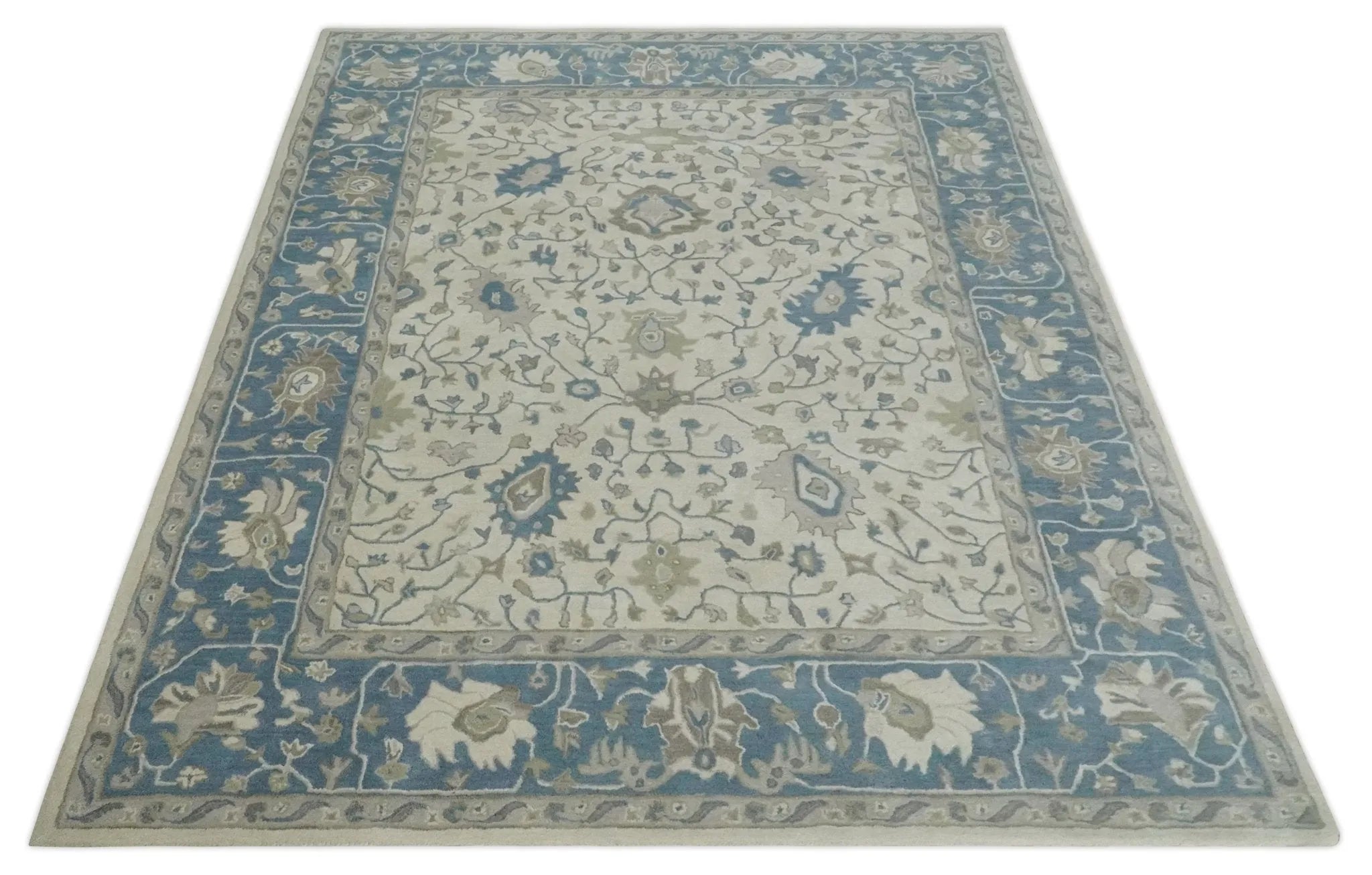 Custom Made Tufted Beige and Blue Traditional Wool Oushak Rug