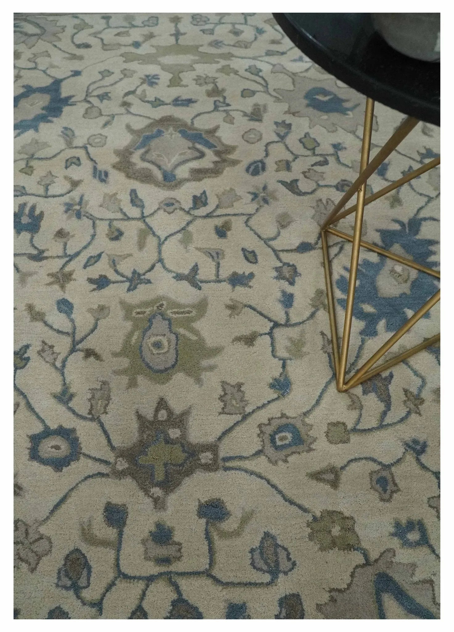 Custom Made Tufted Beige and Blue Traditional Wool Oushak Rug