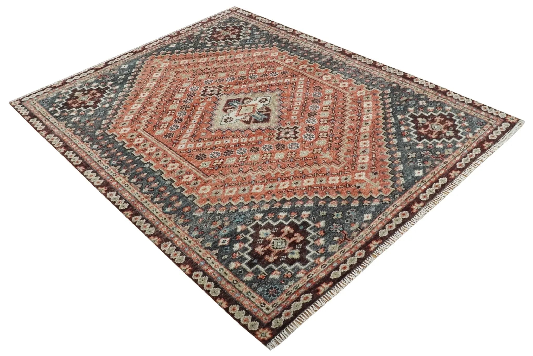 Custom Made Turkish Style Rust and Charcoal Traditional Medallion Hand knotted wool Area Rug