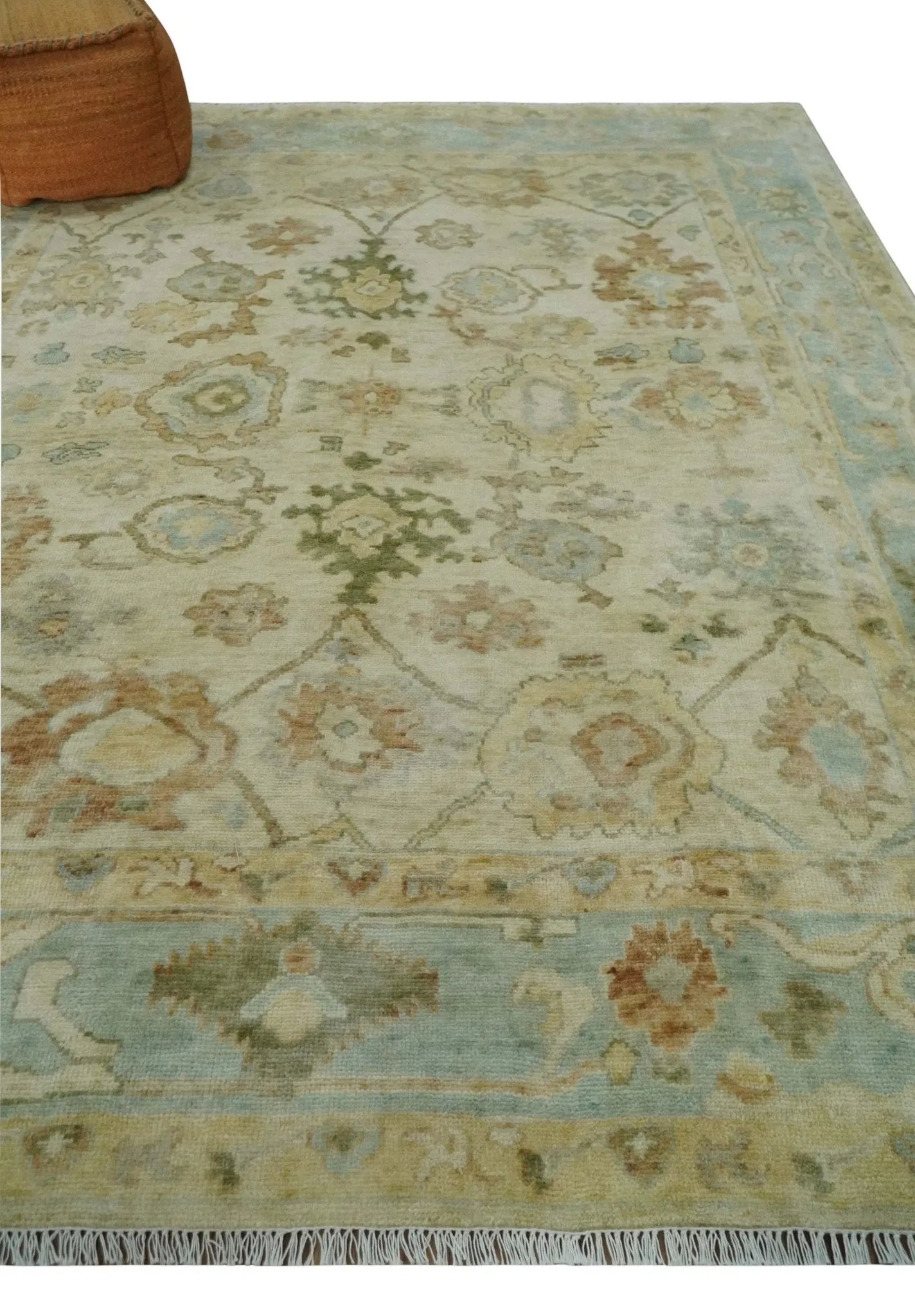 Custom Made Antique Finish Hand Knotted Beige and Silver Multi Size Oushak Wool Area Rug