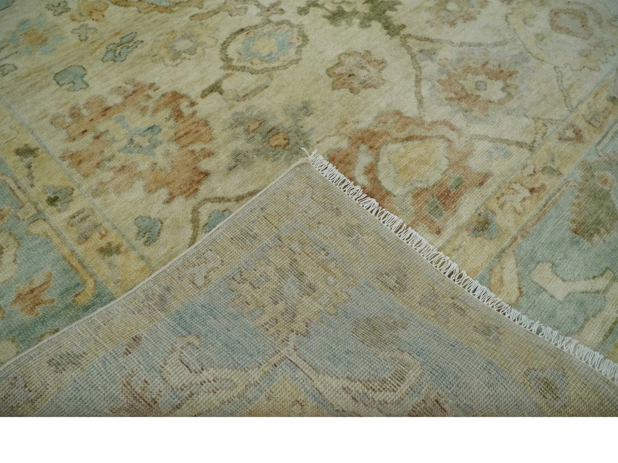 Custom Made Antique Finish Hand Knotted Beige and Silver Multi Size Oushak Wool Area Rug