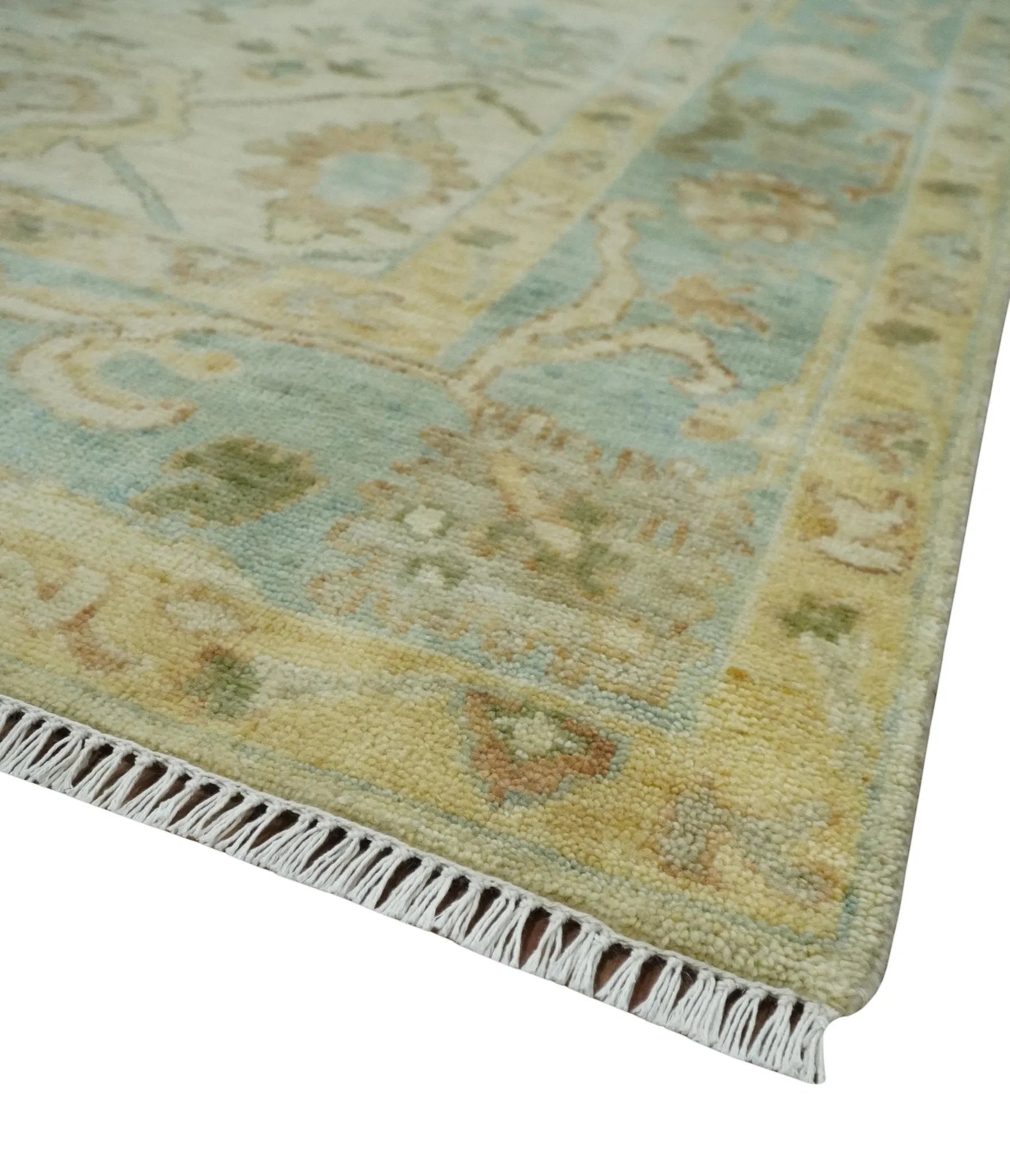 Custom Made Antique Finish Hand Knotted Beige and Silver Multi Size Oushak Wool Area Rug