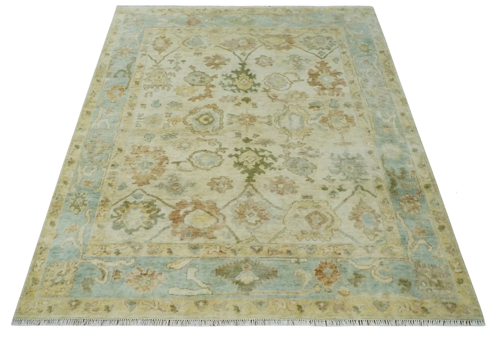 Custom Made Antique Finish Hand Knotted Beige and Silver Multi Size Oushak Wool Area Rug