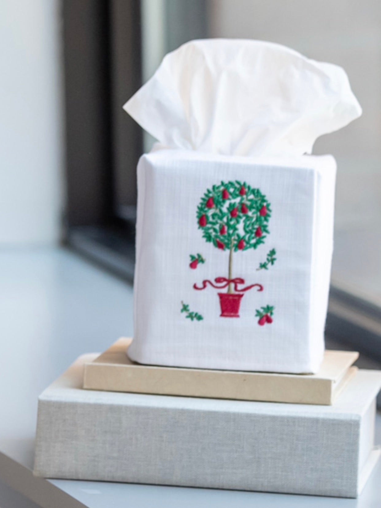 Tissue Box Cover, Pear Topiary Tree (Red)