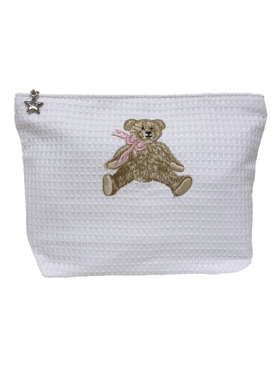 Cosmetic Bag (Medium), Waffle Weave, Bow Teddy (Pink)