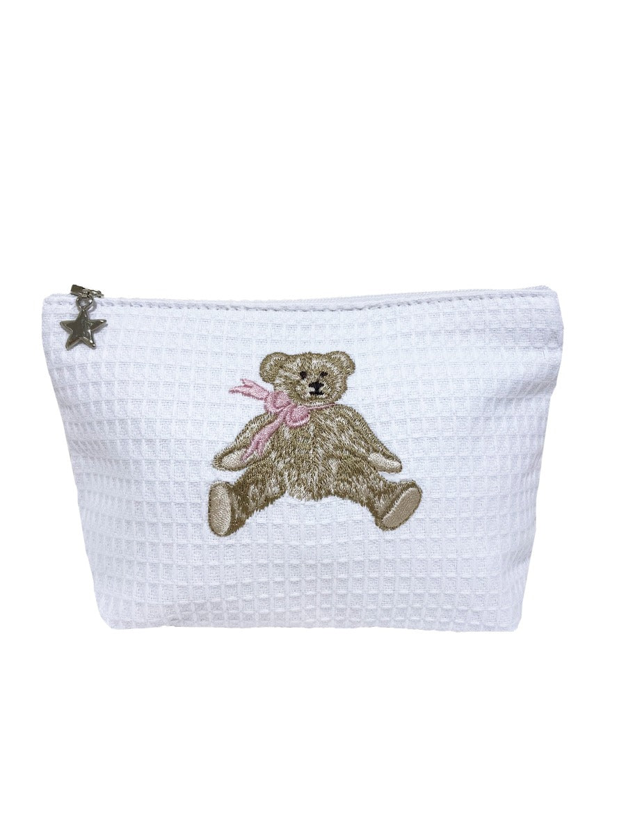 Cosmetic Bag (Small), Waffle Weave, Bow Teddy (Pink)