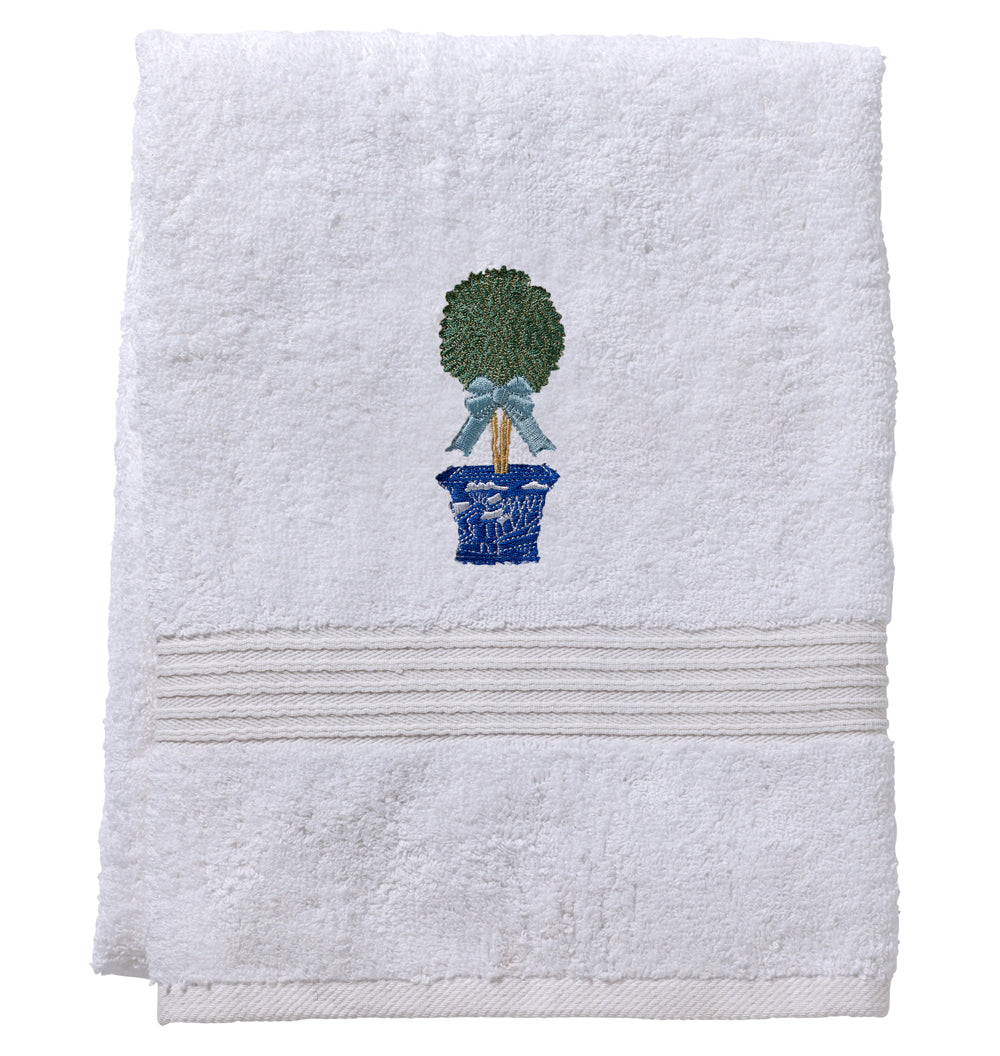 Bath Towel, White Cotton Terry, Boxwood Topiary