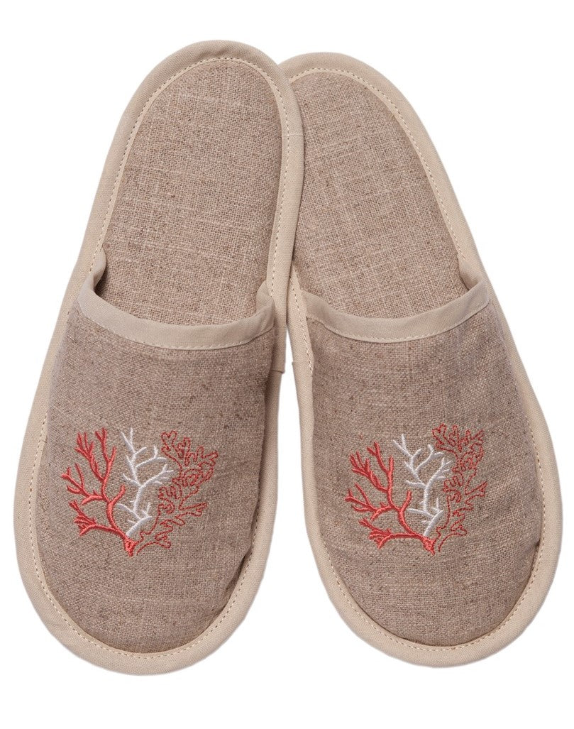 Slippers (Closed Toe) - Natural Linen, Embroidered