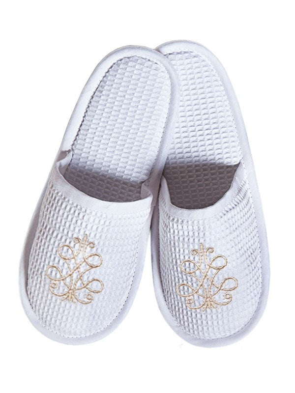 Slippers, Waffle Weave, French Scroll (Beige)