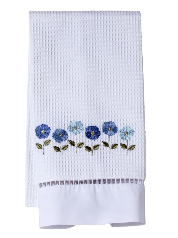 Guest Towel, Waffle Weave, Row of Flowers (Blue)