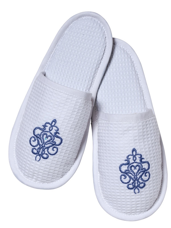 Slippers, Waffle Weave, Tuscan Scroll (Blue)