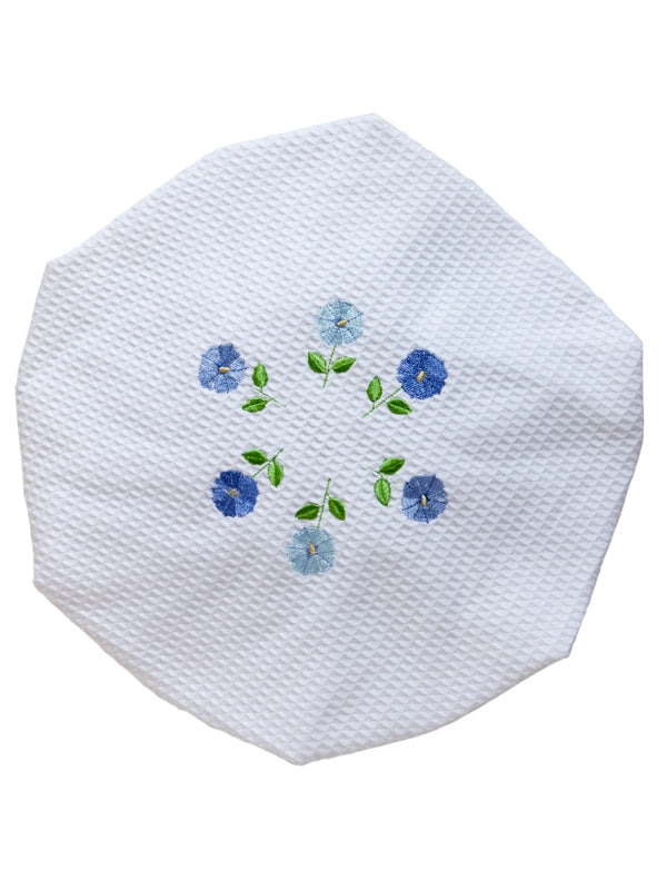 Shower Cap, Waffle Weave, Row of Flowers (Blue)